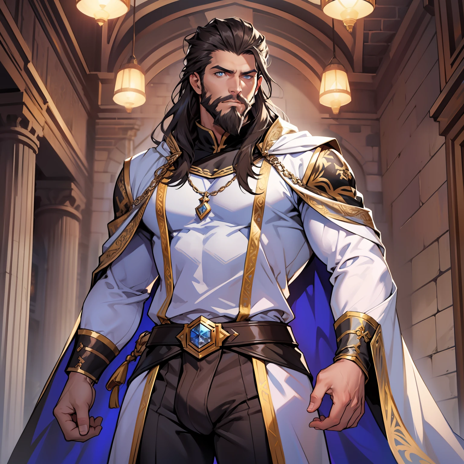 Atlan is a tall handsome male. Standing at 7 ft 5. He is athletic built with beautifully long silky brown hair and blue eyes. He is always seen with a stern look on his face. He is clothed with the finest royal attire in silver and black. His beard matches his hair. Bara, bulge in pants