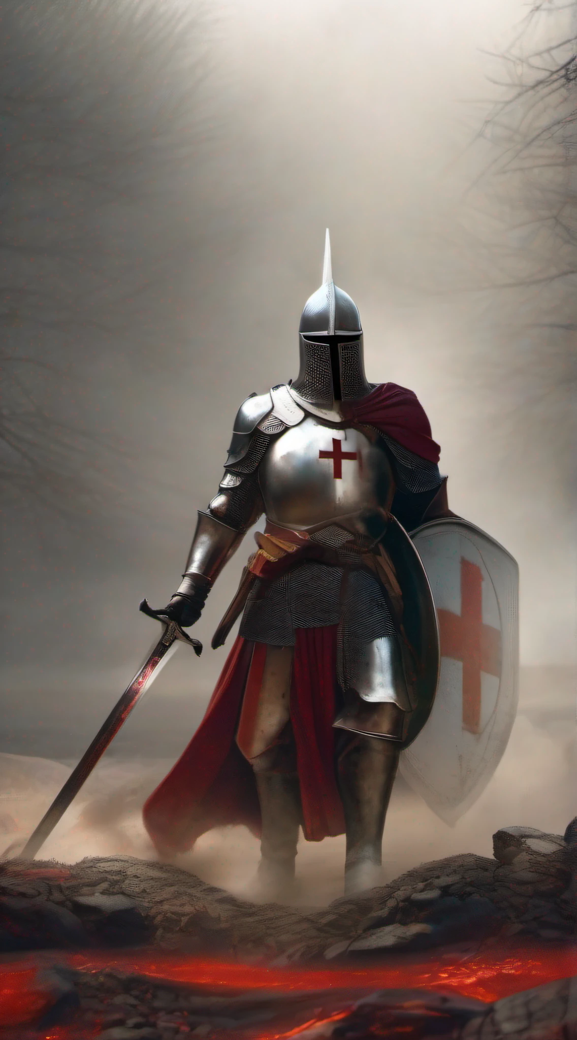 An imposing Knight Templar stands in a desolate landscape, wearing shining armor with a red cross on his chest. He wields a long sword and holds a shield adorned with the symbol of the Templars. In the background, debris and smoke bear witness to past battles. His posture conveys confidence and authority, while his eyes reveal determination., Surrealism, high detail, cinematic lighting, Sony FE GM, lens flare, f/1.8, 135mm, 35mm, first-person view, vanishing point, UHD, anatomically correct, 8k, award winning, best quality, high details