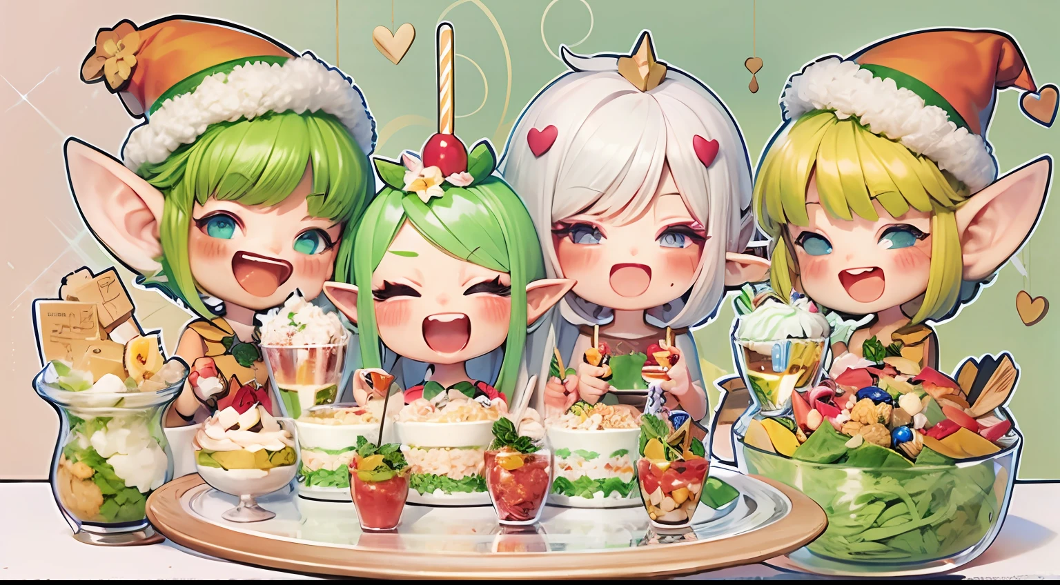 Realistic hand drawn style with cute elf characters、Everyone is eating a big parfait for the party