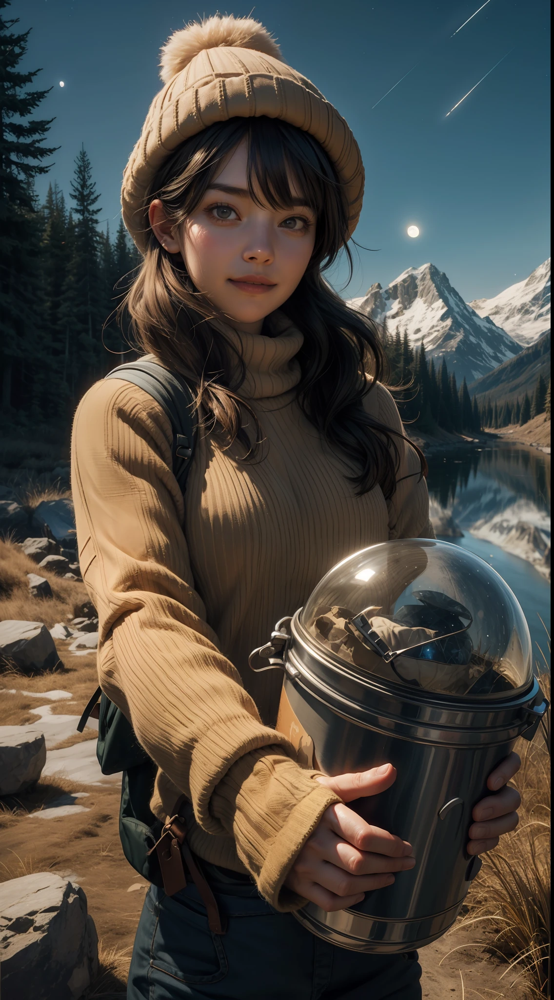 1 woman ((upper body selfie, happy)), masterpiece, best quality, ultra-detailed, solo, outdoors, (night), mountains, nature, (stars, moon) cheerful, happy, backpack, sleeping bag, camping stove, water bottle, mountain boots, gloves, sweater, hat, flashlight, forest, rocks, river, wood, smoke, shadows, contrast, clear sky, analog style (look at viewer:1.2) (skin texture) (film grain:1.3), (warm hue, warm tone:1.2), close up, cinematic light, sidelighting, ultra high res, best shadow, RAW, upper body, wearing pullover