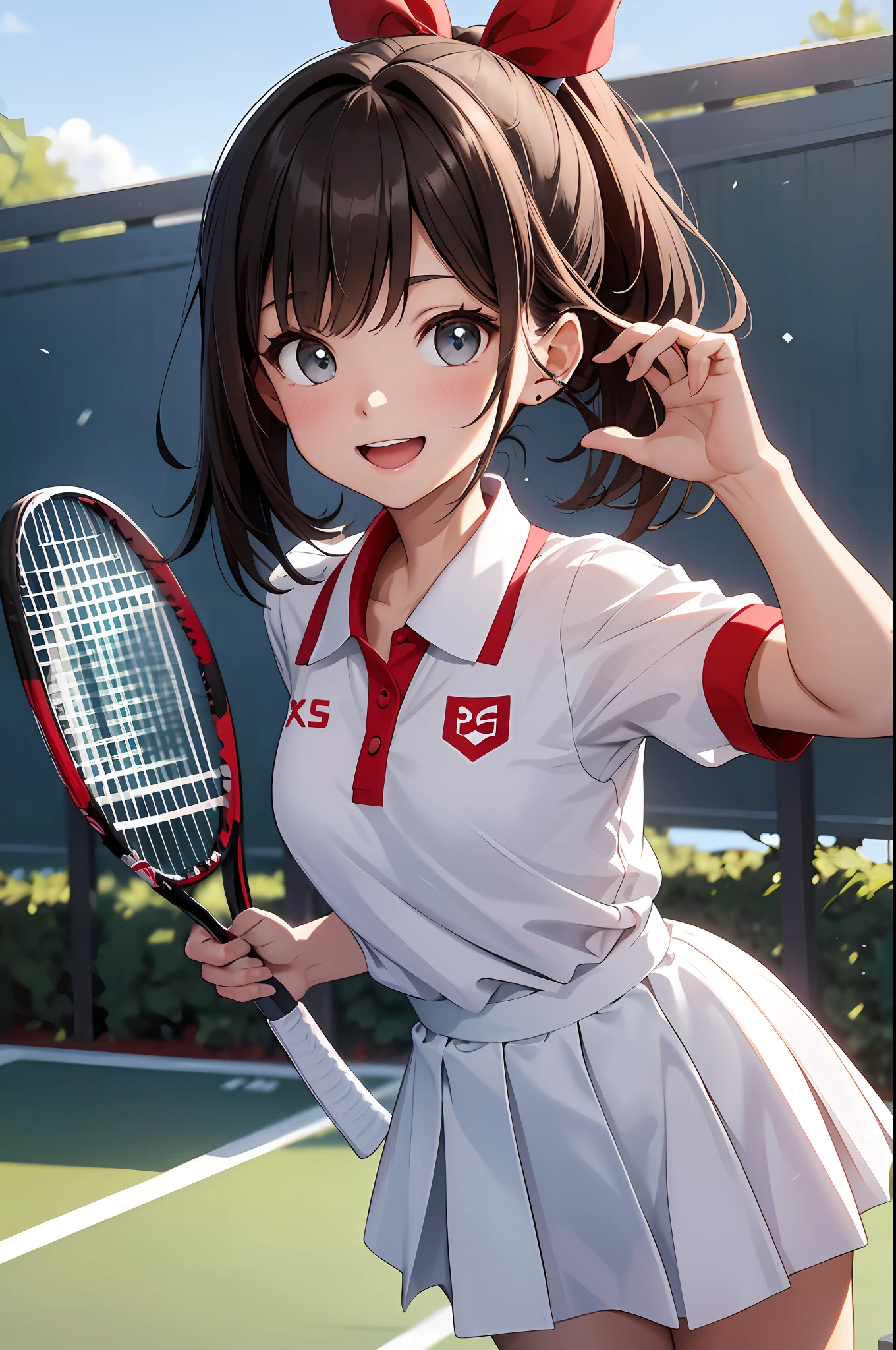 (top-quality、in 8K、32K、​masterpiece、nffsw、超A high resolution、Impresionismo、Photorealsitic:1.2)、Looking back、Full body, tennis coat、beauitful face、blurry backround、18 year old beautiful girl、shinny skin、Twin-tailed、beautiful brown hair、Gray eyes、Tie your hair with a big red ribbon、Tennis Uniforms、raise arms、Smile with open mouth、Curve、Holding a racket、