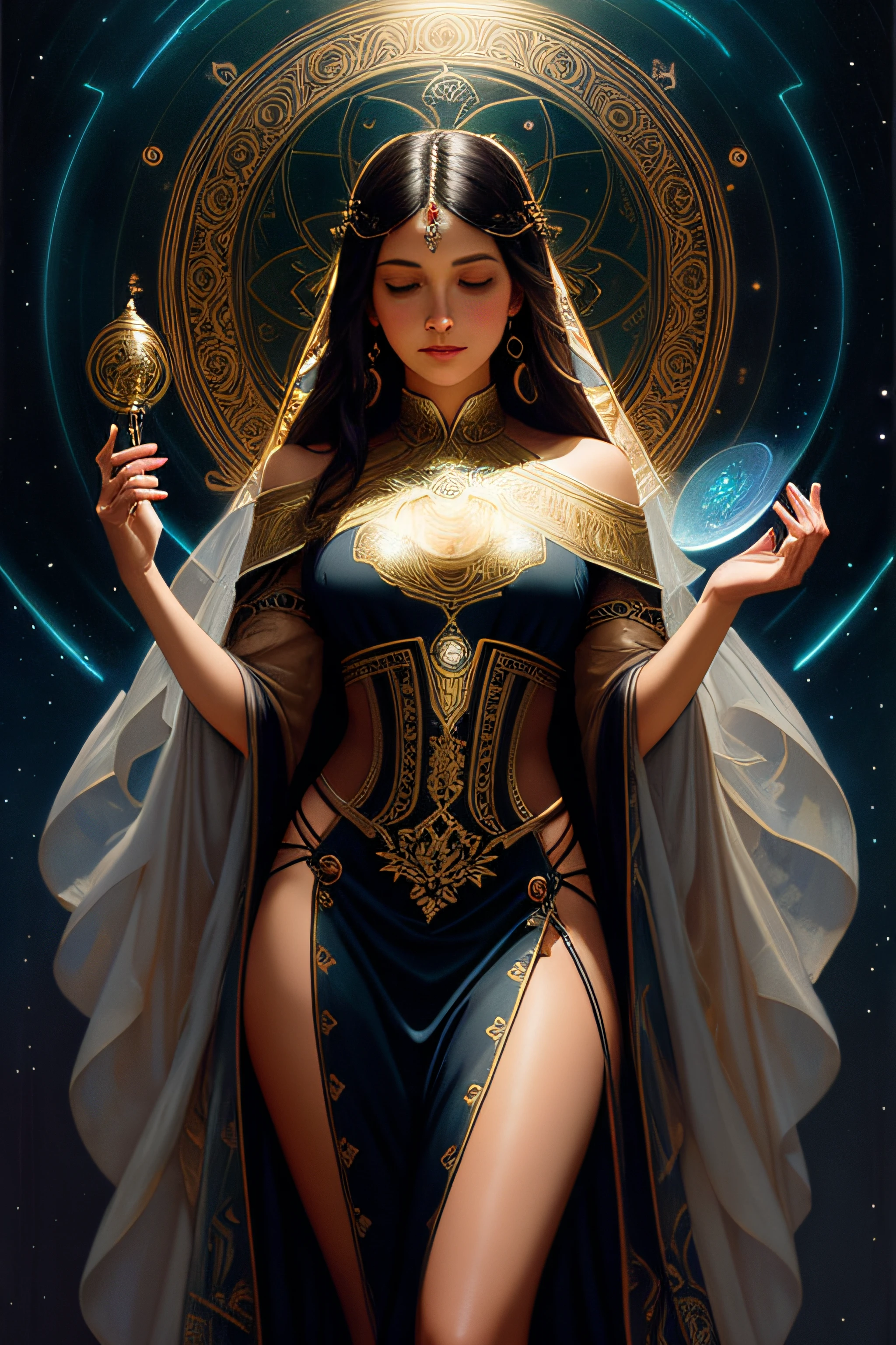 a beautiful latin woman, full body, looking at viewer, symmetric, eyes closed, slight smile, spirtual awakening, intricate details,
cosmic, ethereal, mystical, complicated environment, brush stokes, illuminating lights,
Greg Rutkowski, RHADS, Beeple, Makoto Shinkai, Lois van Baarle, Ilya Kuvshinov, Rossdraws, Tom Bagshaw, Alfonse Mucha,
masterpiece, ultra high res, high quality,