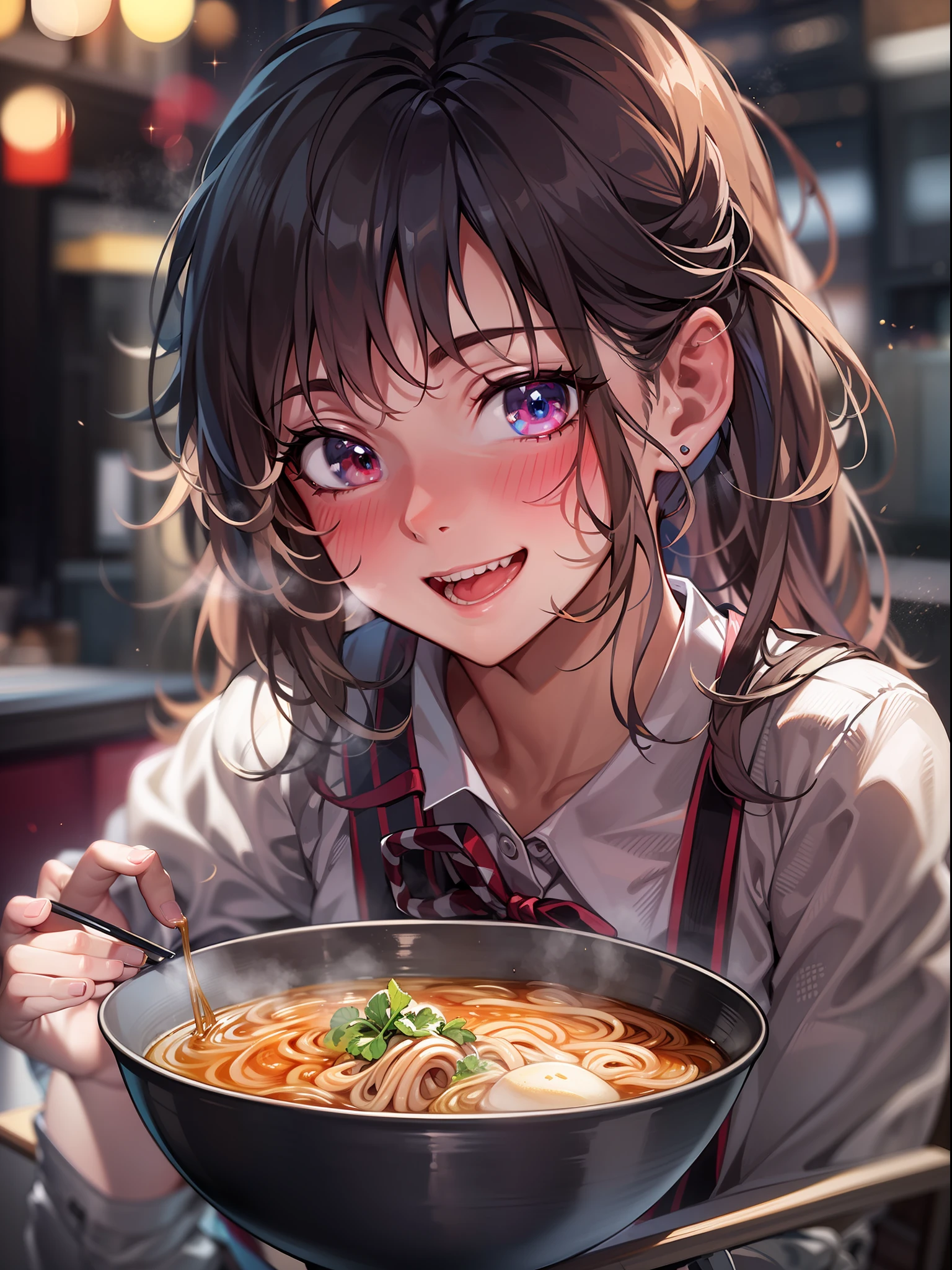 (Masterpiece), Top Quality, Ultra High Definition, Close Up, Slim Body, One Girl,Uniform, Long Hair, Laughter, Ramen, Night, Tokyo Restaurant Background, Colorful Lights, Photon Mapping, Radiosity, Physically Based Rendering, Cinematic Lighting, Complexity, High Detail, Sharp Focus, Dramatic, Photorealistic