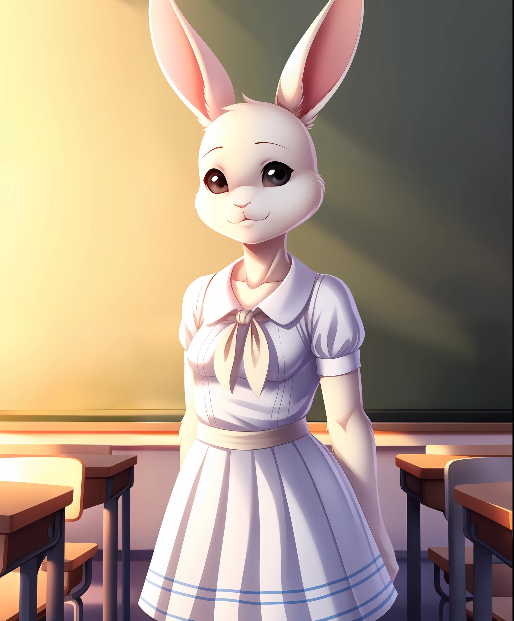 haru, tiny furry female anthro, rabbit girl, standing, portrait, school uniform, white dress, solo, body fur, (petite:1.2), (best quality), (classroom background:1.2), soft lighting, looking at viewer, black eyes, parted lips, (belt:0.2), cel shaded,