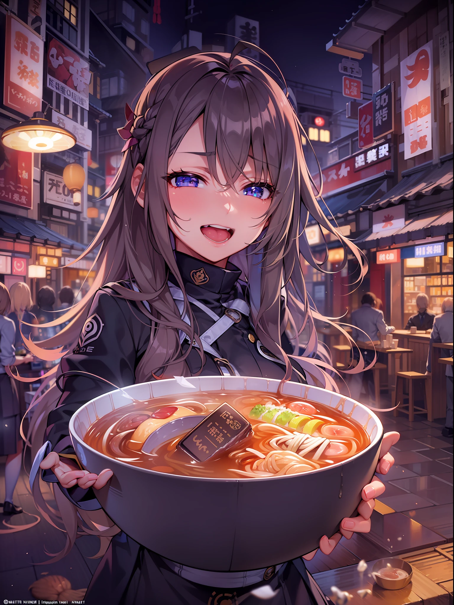 (Masterpiece), Top Quality, Ultra High Definition, Close Up, Slim Body, One Girl,Uniform, Long Hair, Laughter, Ramen, Night, Tokyo Restaurant Background, Colorful Lights, Photon Mapping, Radiosity, Physically Based Rendering, Cinematic Lighting, Complexity, High Detail, Sharp Focus, Dramatic, Photorealistic