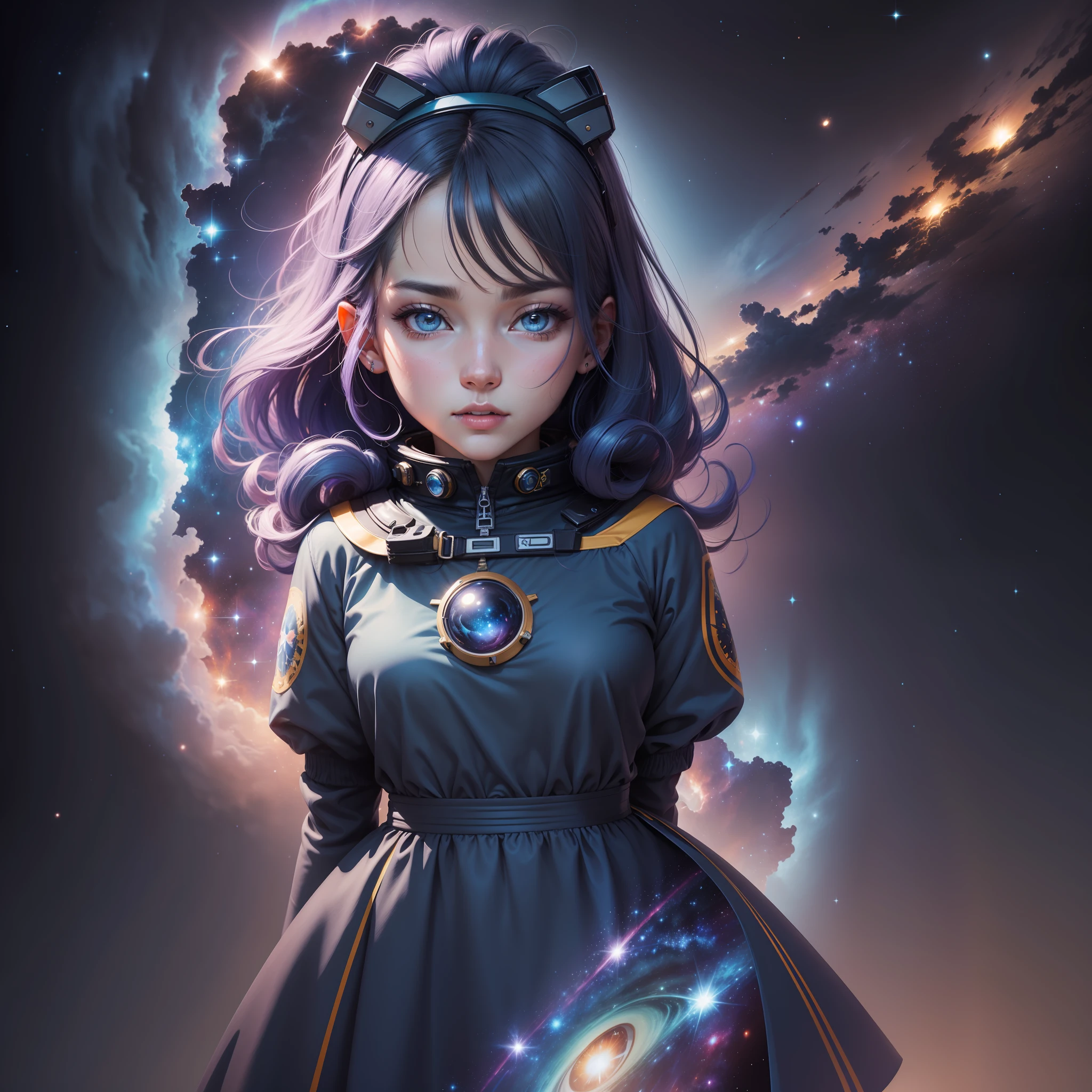 Figura feminina, anime, cabelo azul , roupa de astronauta , cabelo colorido arco iris , galaxy , Perspective view 3/4, rosto bonito, lowangle),UHD, HDR, 8K, (Obra-prima:1. 5)