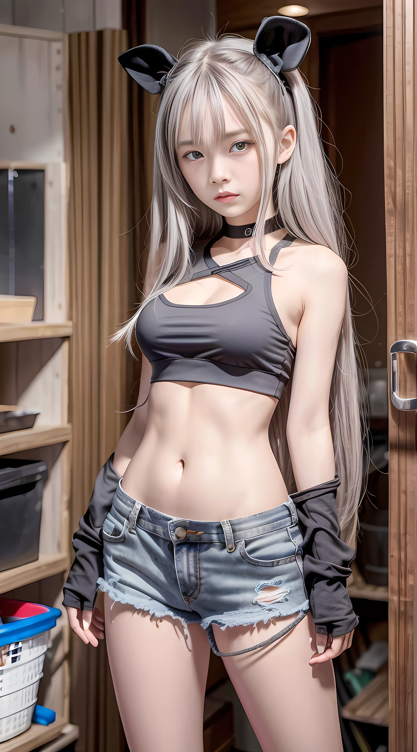 best qualtiy，tmasterpiece，超高分辨率，****************，Slim figure，slender figures，Very long hair，Gradient hair color，Color hair color，with fair skin，Very white skin，Tool room，Studio，Tool wall，a repairman，Gray top，grey vest，Bare waist，Loose-fit cow super shorts，Orange gloves，Repairman gloves，A rope hangs from the waist，There are scars on the face，（Fidelity：1.4），RAW photogr，1girll，（full bodyesbian：1.5），Bigchest (D)