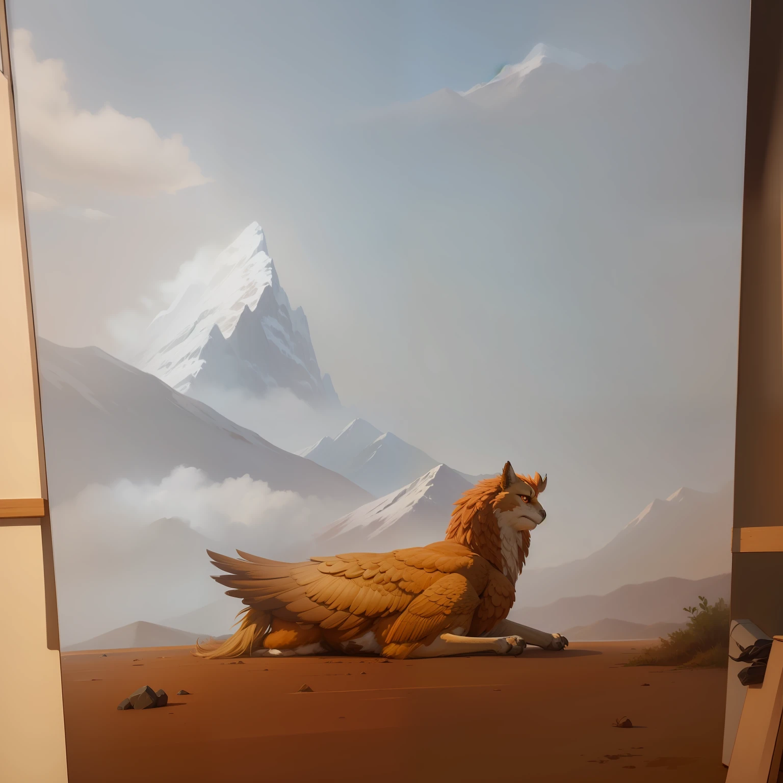 Griffin sitting on the dirt floor, behind him is a mountain, a big forest, a big mountain in the background, oil painting