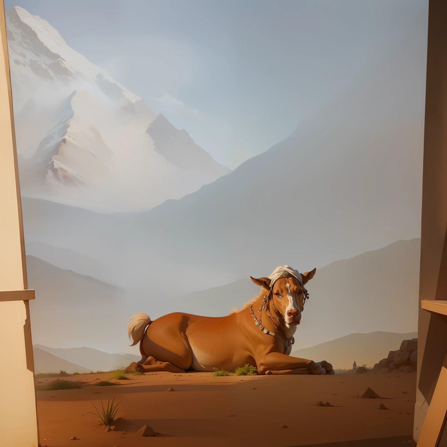 Shirdal sitting on the dirt floor, behind him is a mountain, a big forest, a big mountain in the background, oil painting