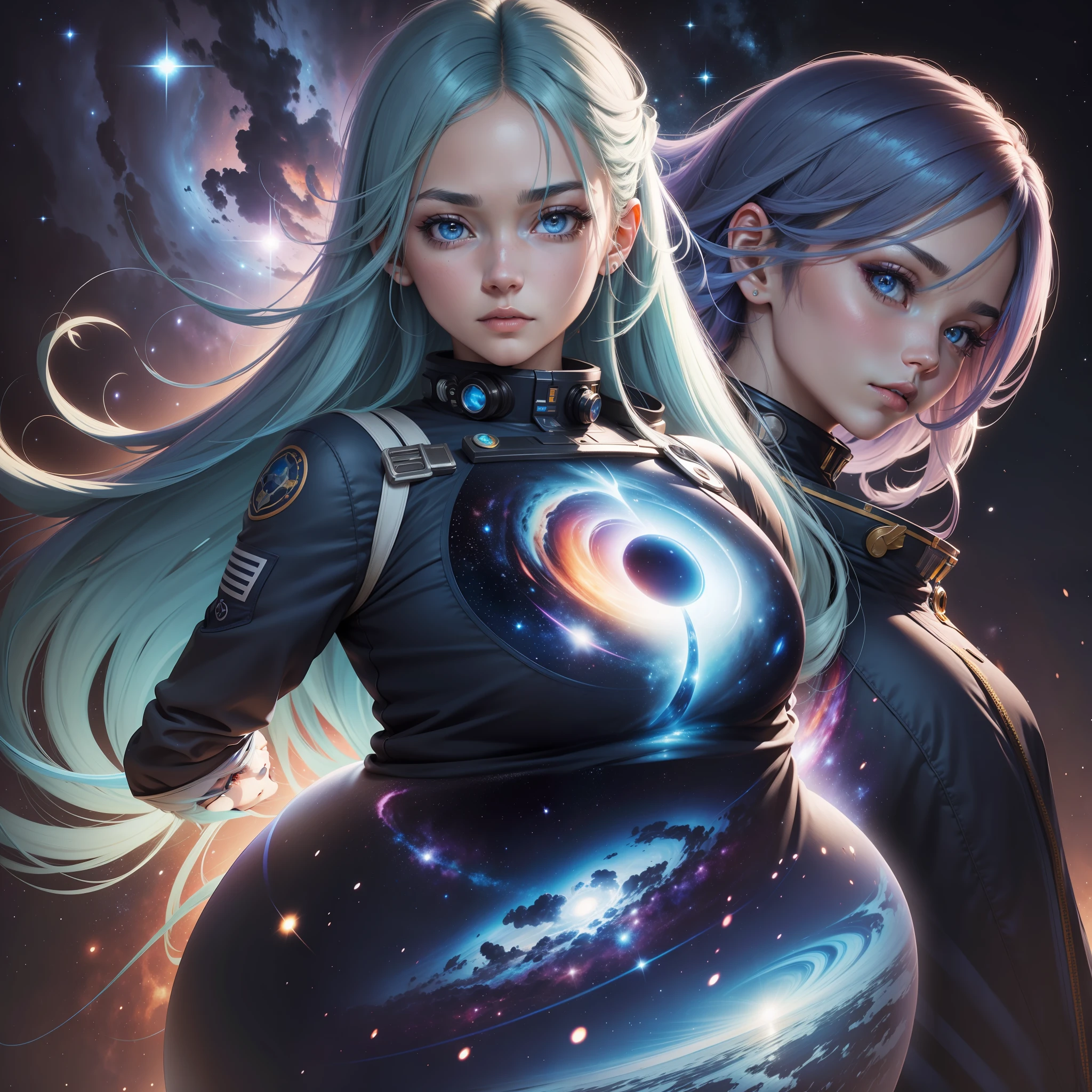 Figura feminina, anime, cabelo azul , roupa de astronauta , cabelo colorido arco iris , galaxy , Perspective view 3/4, rosto bonito, lowangle),UHD, HDR, 8K, (Obra-prima:1. 5)