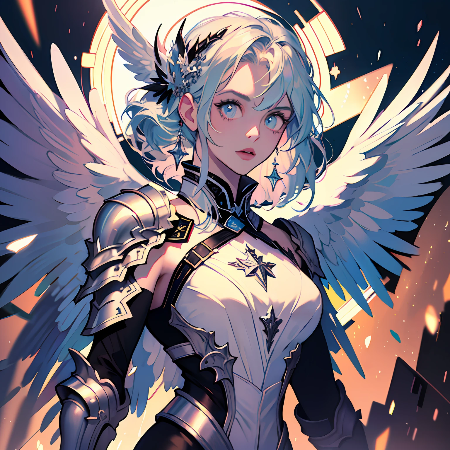 Angel, (masterpiece:1.3),(best quality:1.2),8k,absurdres,unity 8k wallpapper,(extremely detailed:1.3),highestres, armour, magic, light particles, upper body, extreme detailed, highest detailed, optical mixing, playful patterns, lively texture, unique visual effect