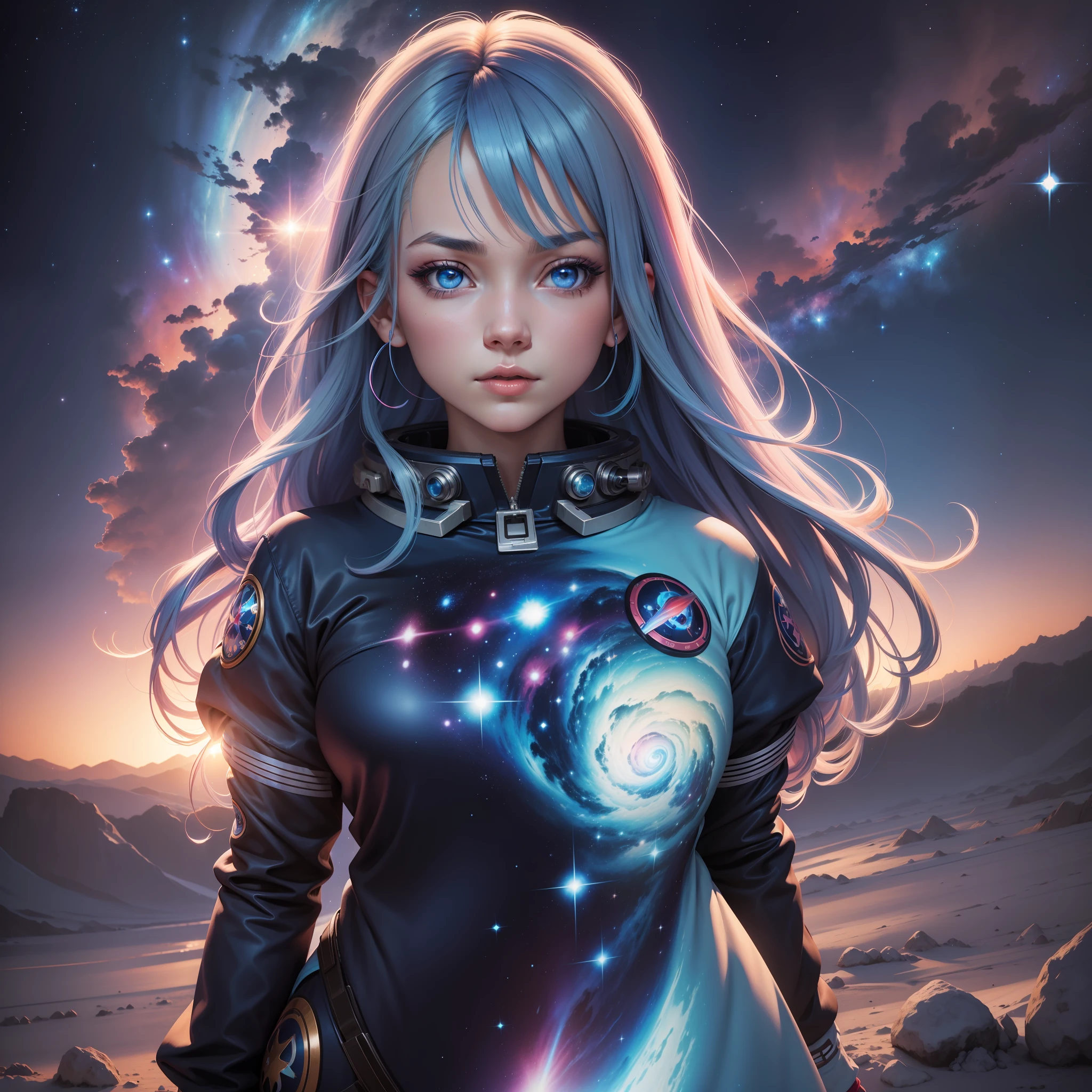 Figura feminina, anime, cabelo curto azul e rosa, roupa de astronauta azul  , cabelo colorido arco iris , galaxy , Perspective view 3/4, rosto bonito, lowangle),UHD, HDR, 8K, (Obra-prima:1. 5)