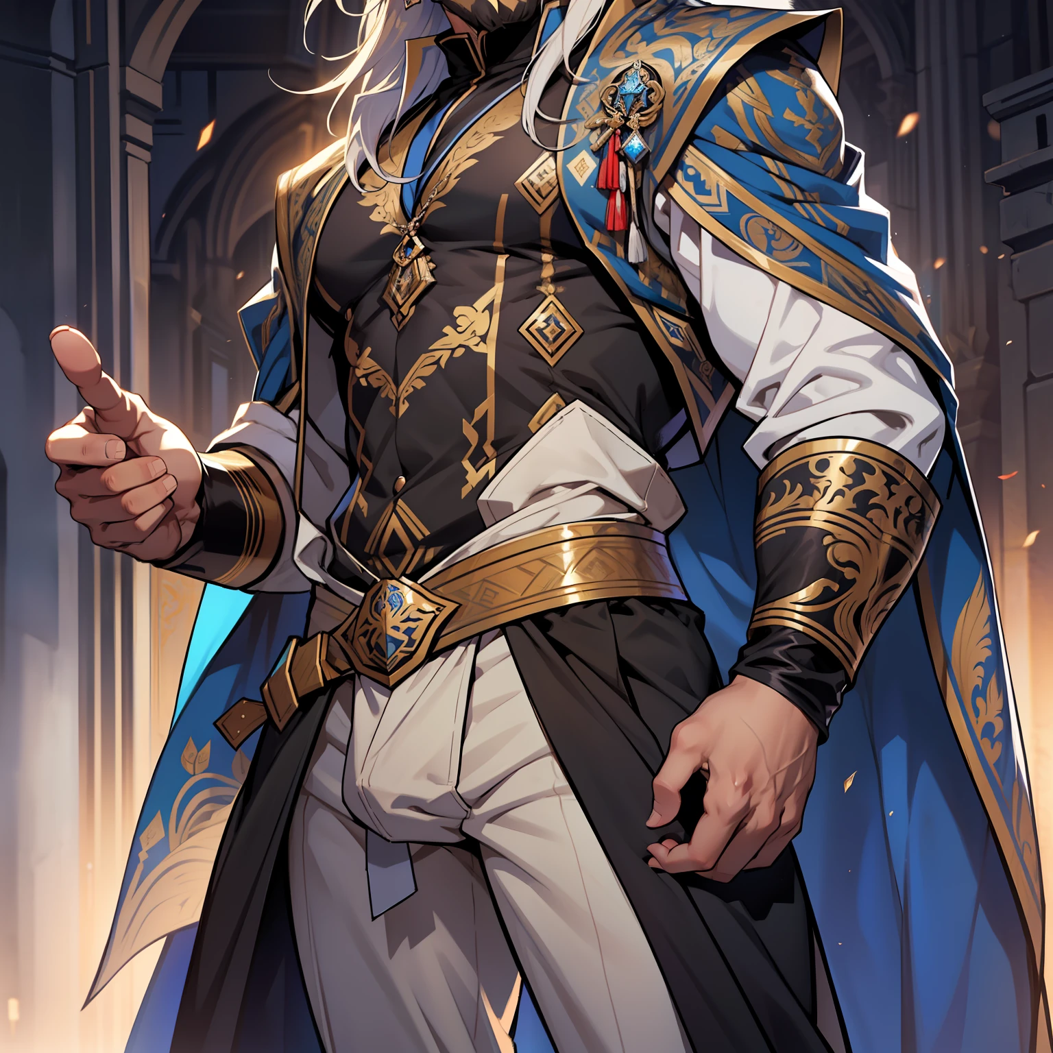 Atlan is a tall handsome male. Standing at 7 ft 5. He is athletic built with beautifully long silky brown hair and blue eyes. He is always seen with a stern look on his face. He is clothed with the finest royal attire in silver and black. His beard matches his hair. Muscular man, bulge in pants, arrogant expression, piercings
