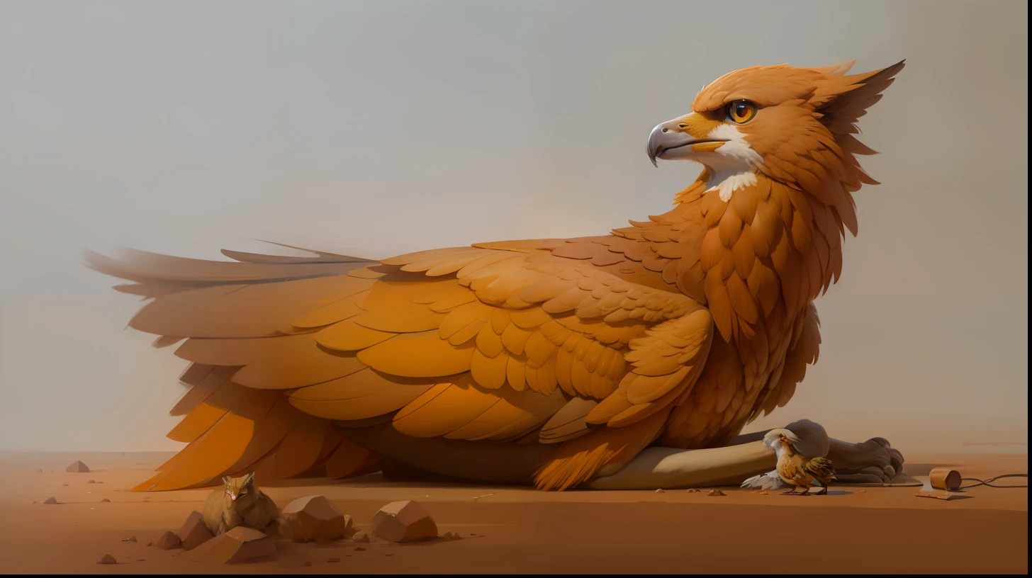 Griffin sitting on the dirt floor, oil painting