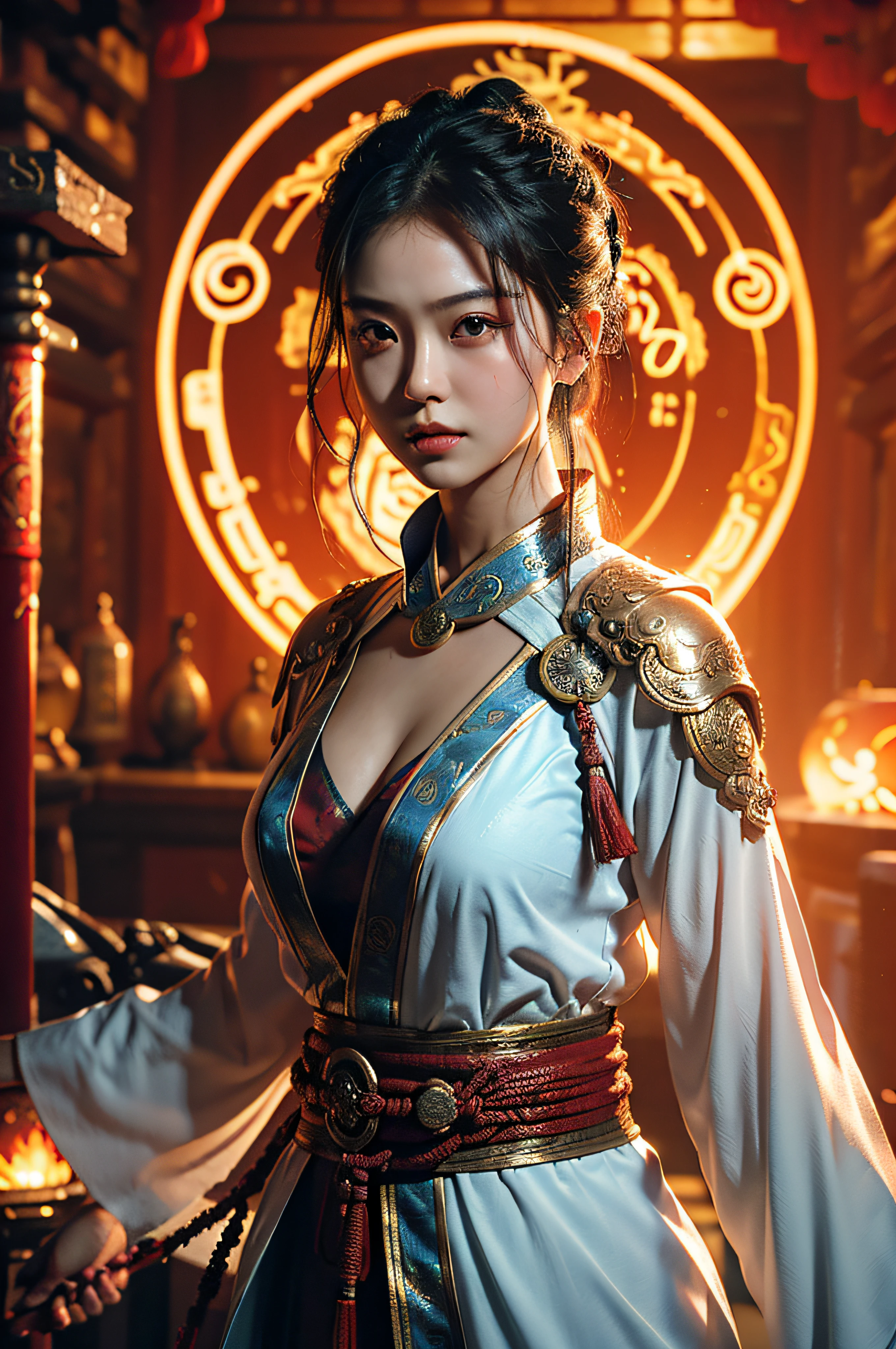 Best quality,masterpiece,ultra high res,(photorealistic:1.4),xiuxian,weapon,Detailed face,
1girl,solo,weapon,cleavage,(magic circle:1.2),xiuxian,upper body,Beautiful girl,full body,east asian architecture,sheath,architecture,