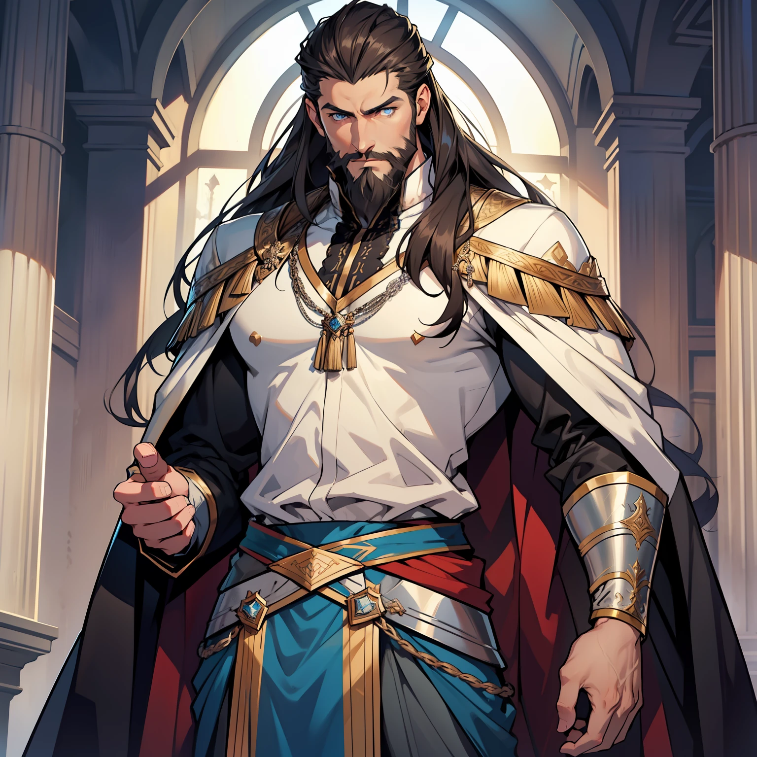 Atlan is a tall handsome male. Standing at 7 ft 5. He is athletic built with beautifully long silky brown hair and blue eyes. He is always seen with a stern look on his face. He is clothed with the finest royal attire in silver and black. His beard matches his hair. Bara, bulge in pants