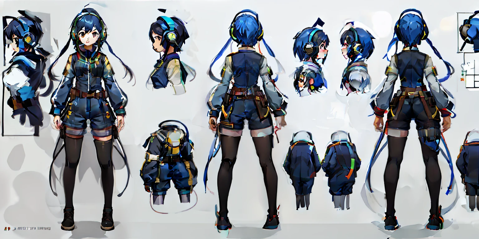 Headphone girl, white background, full body, standing, best quality (1.3), masterpiece (1.2), character sheet