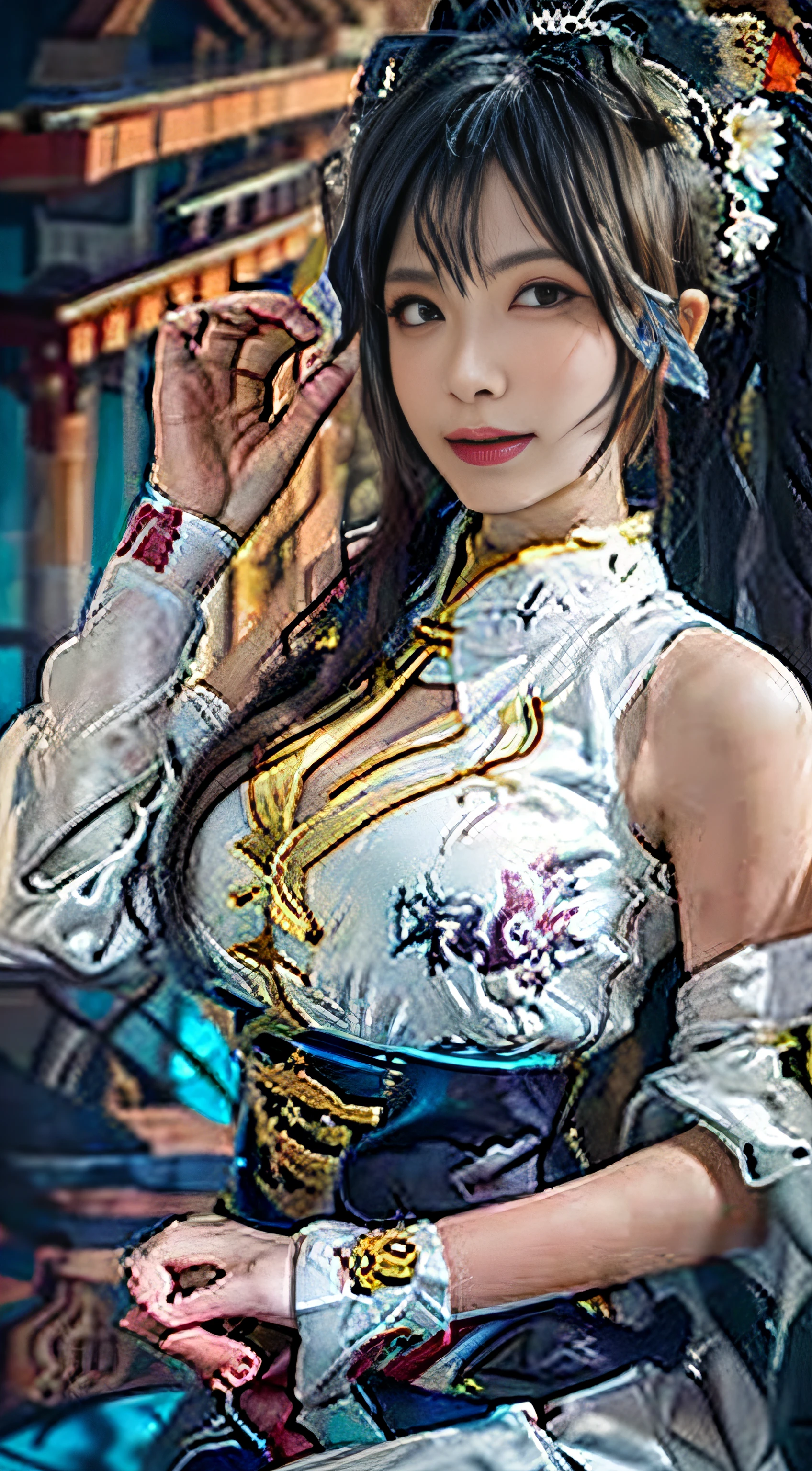 Best Quality, Masterpiece, Ultra High Resolution, (Realistic: 1.4), Xiuxian, Smiling, Shy, Belly Button, Delicate Makeup, Gorgeous Jewelry, Horse Face Dress, Detail Face,
1 girl, white clothes, lotus print, maple leaf print, solo, weapon, (magic circle: 1.2), Xiuxian, upper body, beautiful girl, half-body, East Asian architecture, sheath, construction,