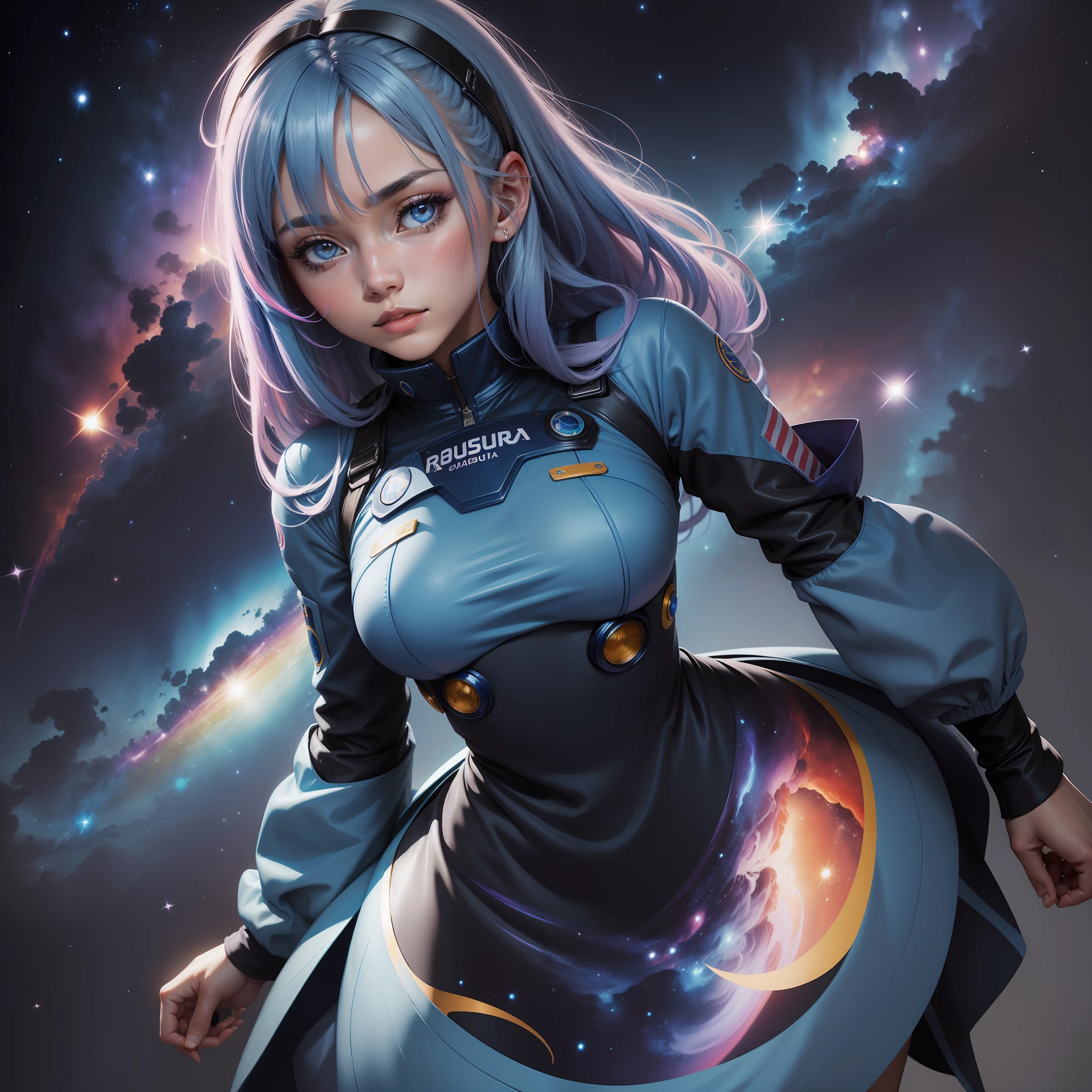 Figura feminina, anime, cabelo curto azul e rosa, roupa de astronauta azul , cabelo colorido arco iris , galaxy , Perspective viewer 3/4, rosto bonito, lowangle),UHD, HDR, 8K, 4k (Obra-prima:1. 5)