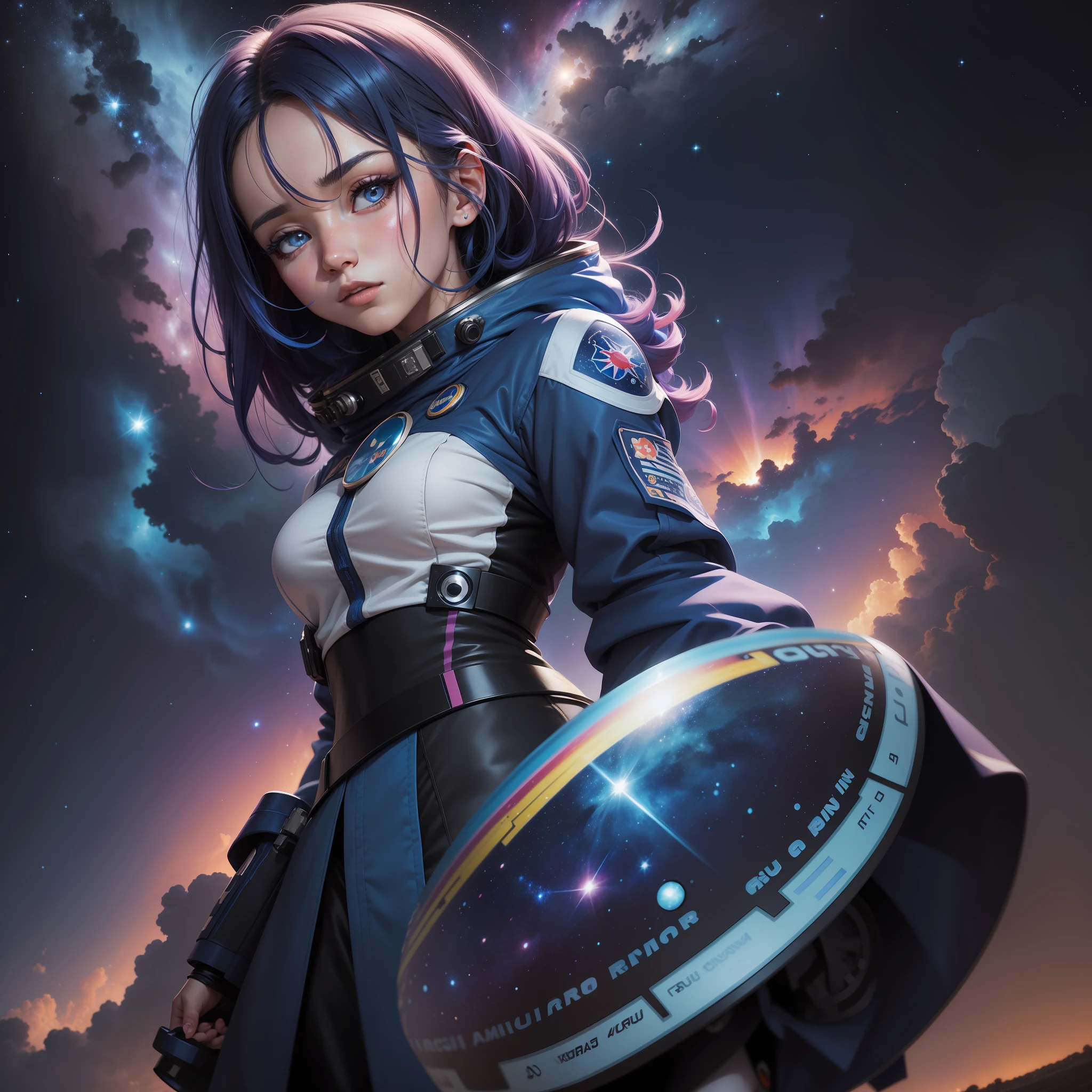 Figura feminina, anime, cabelo curto azul e rosa, roupa de astronauta azul  , cabelo colorido arco iris , galaxy , Perspective viewer 3/4, rosto bonito, lowangle),UHD, HDR, 8K, 4k (Obra-prima:1. 5)