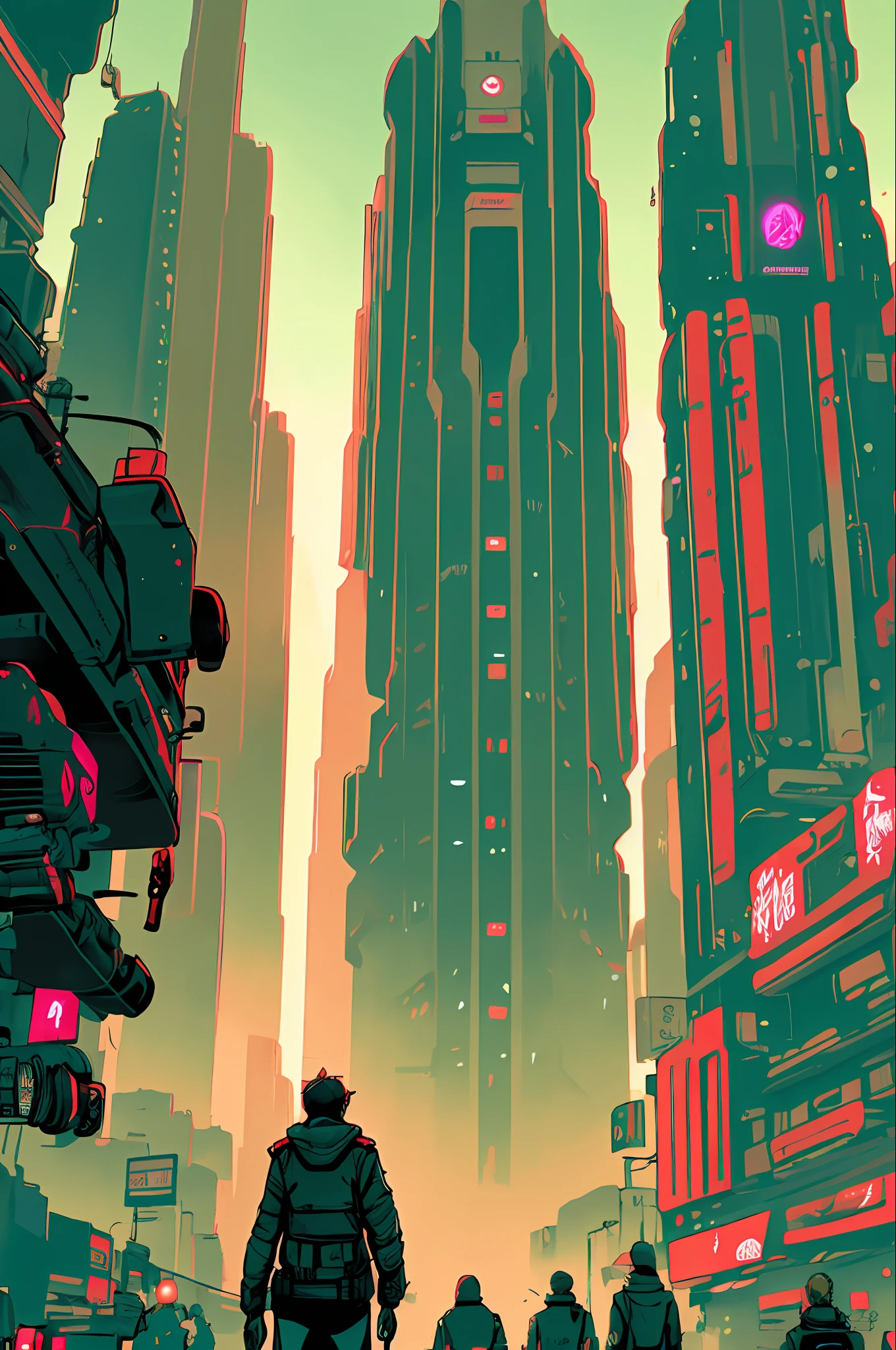 (masterpiece, best illustration, extreme light and shadow), a Chinese granny on an e-bike shouting on a smartphone, three school kids behind her,  Chinese school uniforms , driving crazy fast through a crowded street (cyberpunk:1.2), (lens flare, light leak, prismastic), wide shot, slight upshot, camera angle from the right front side, (sci-fi:1.5), (sidelighting), (volumetric lighting)