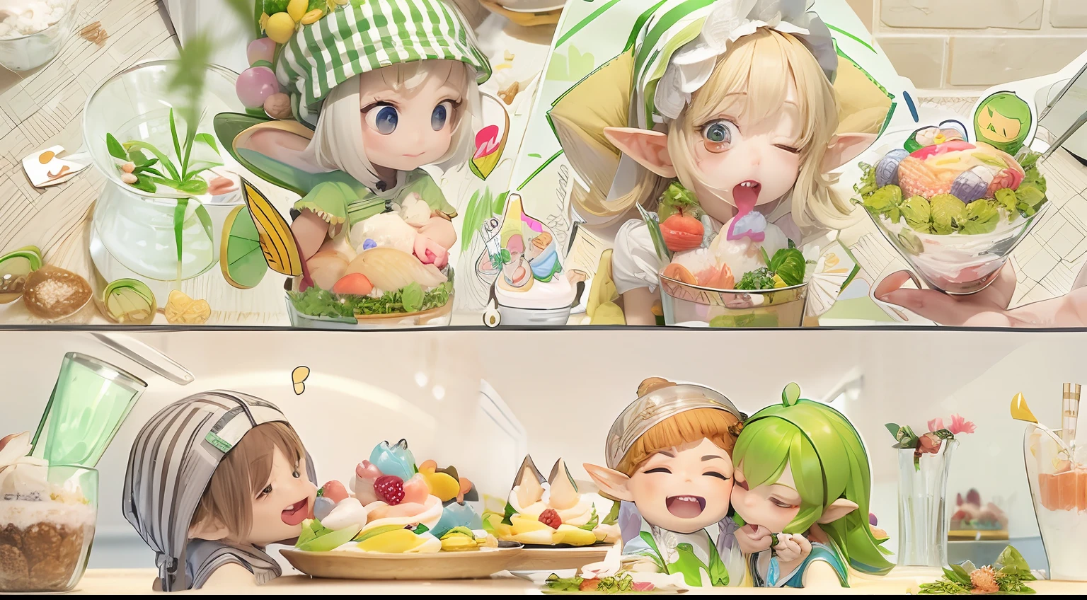 Realistic hand drawn style with cute elf characters、Everyone is eating a big parfait for the party