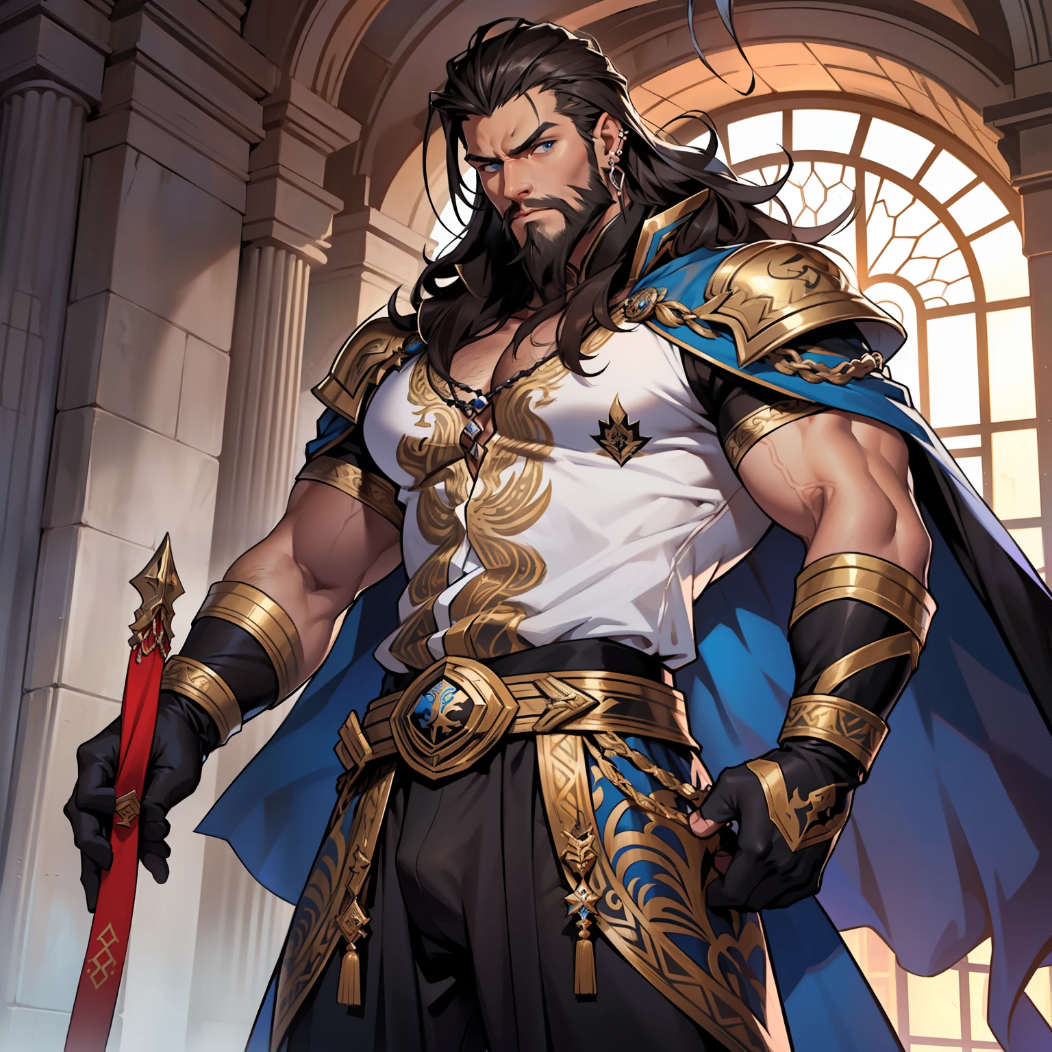 Atlan is a tall handsome male. Standing at 7 ft 5. He is athletic built with beautifully long silky brown hair and blue eyes. He is always seen with a stern look on his face. He is clothed with the finest royal attire in silver and black. His beard matches his hair. Muscular man, bulge in pants, arrogant expression, piercings