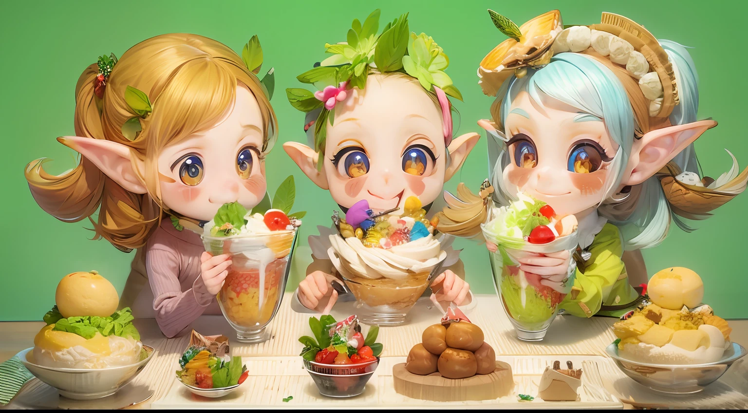 Realistic hand drawn style with cute elf characters、Everyone is eating a big parfait for the party