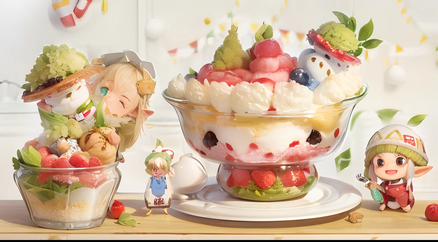 Realistic hand drawn style with cute elf characters、Everyone is eating a big parfait for the party