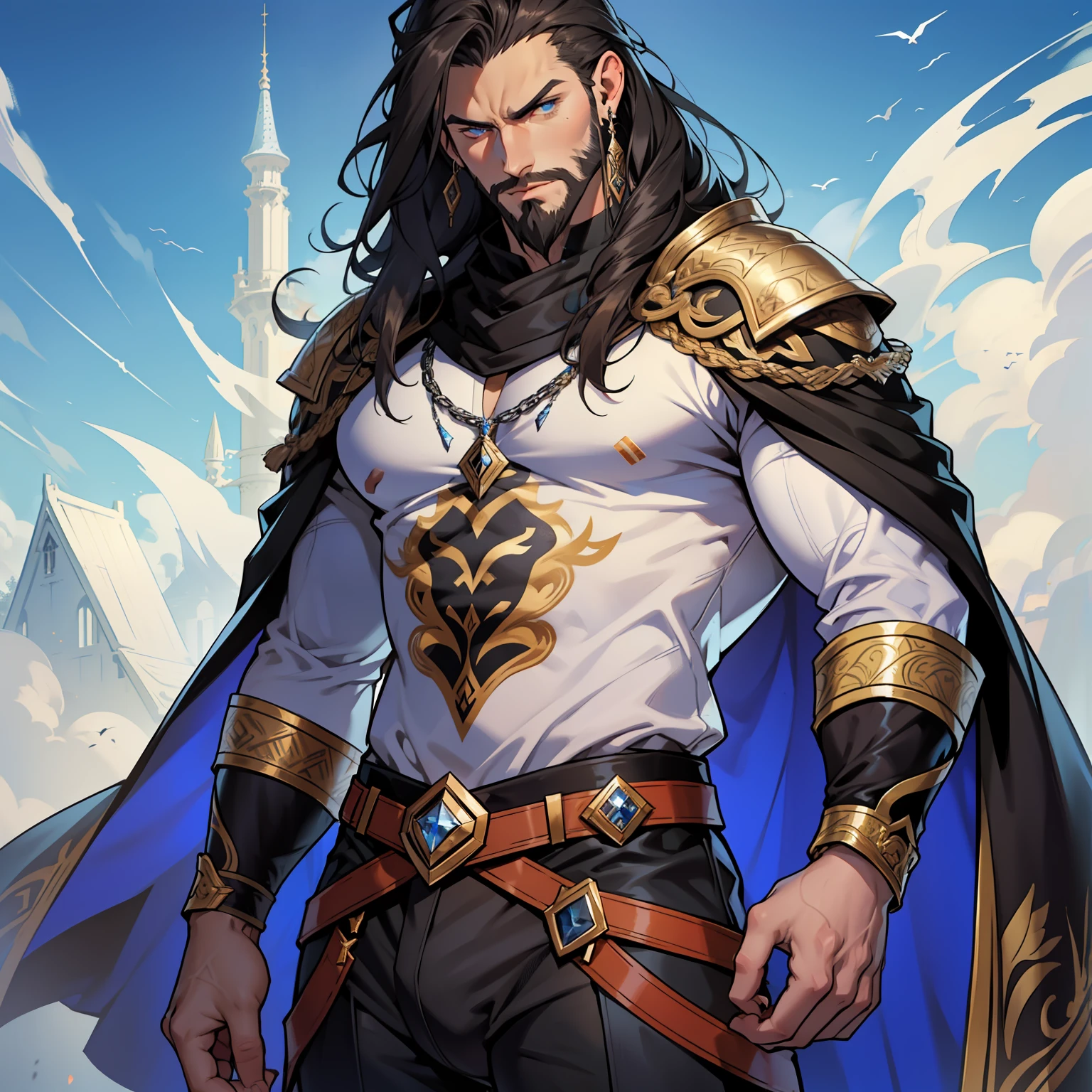 Atlan is a tall handsome male. Standing at 7 ft 5. He is athletic built with beautifully long silky brown hair and blue eyes. He is always seen with a stern look on his face. He is clothed with the finest royal attire in silver and black. His beard matches his hair. Muscular man, bulge in pants, arrogant expression, piercings