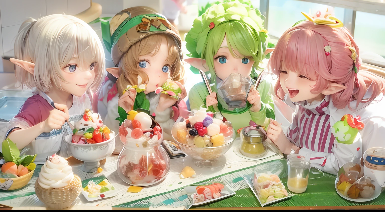 Realistic hand drawn style with cute elf characters、Everyone is eating a big parfait for the party