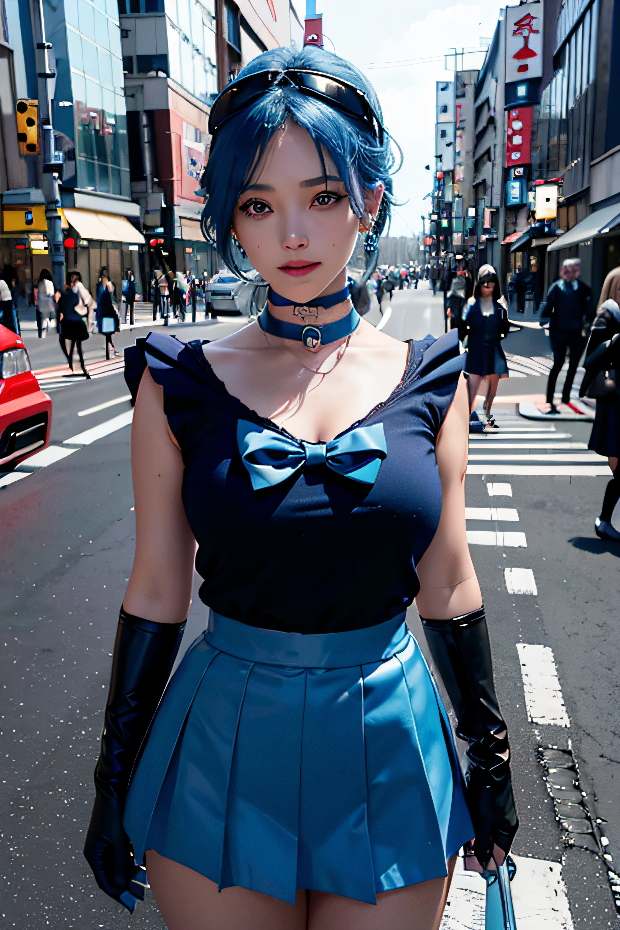 1girl,happy,smirk,Tokyo street,cityscape,city lights,dynamic angle,(full body:0.7),close-up,8k,RAW photo,best quality,masterpiece,realistic,photo-realistic,large breasts,gloves,lips,solo,sailor mercury,blue eyes,smuniform,mer1,tiara,sailor senshi uniform,masterpiece,absurdres,sexy,floating short blue hair,blue sailor collar,bow,choker,white gloves,blue choker,elbow gloves,jewelry,earrings,blue skirt,sole,full body,blue hair,octane rendering,dynamic angle,Ami Mishino,Exquisite face,Modern Building,Lights,busy street,(dark theme:1.4),upper body,