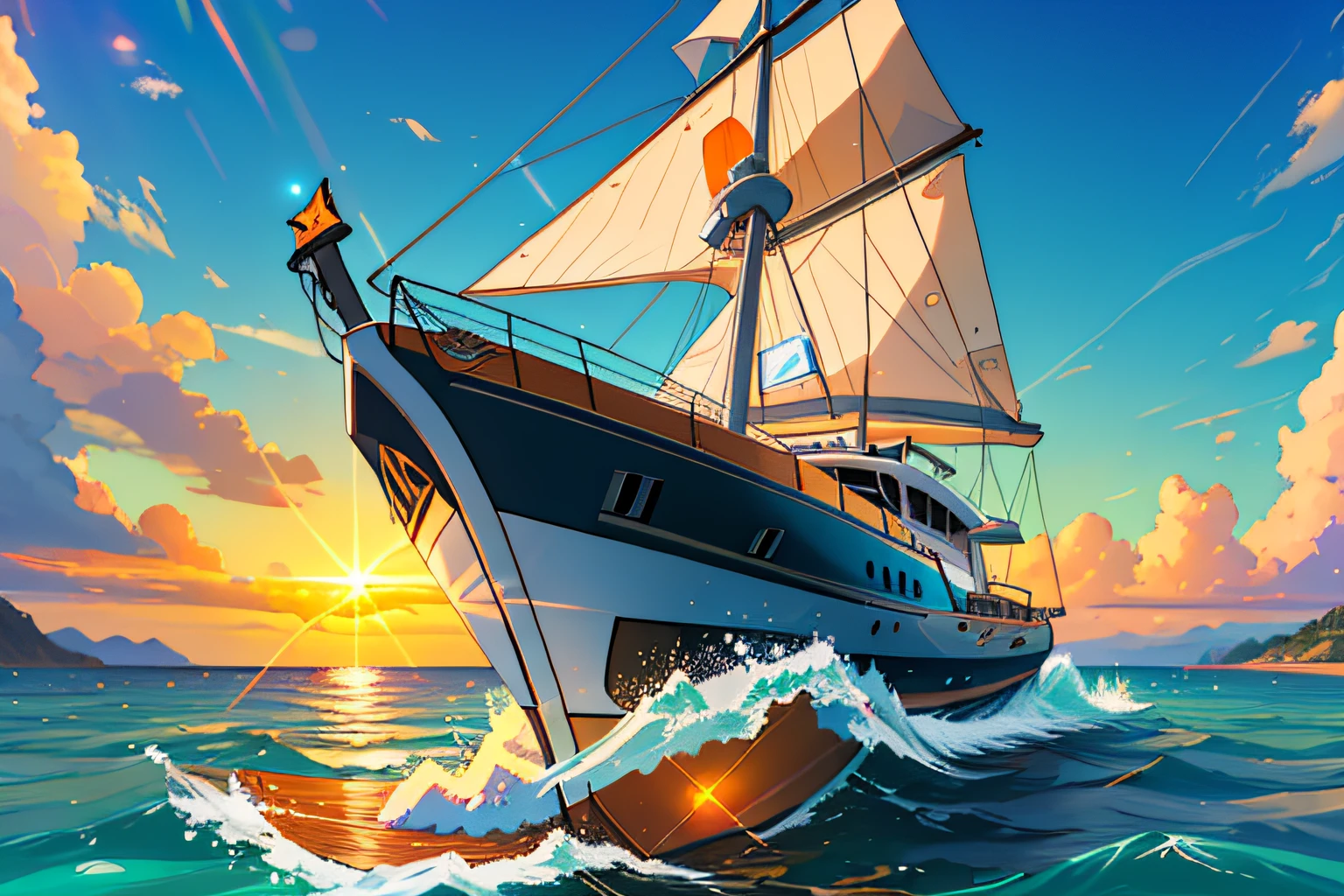 (obra-prima)+, (Melhor Qualidade)+, (Detalhe intrincado)+, design me the Catamaran Mega Yacht, pintura branca com destaques laranja, conceito de showroom, lens flare, camera artifact, professional photographie, 4k, HDR, simetria longitudinal