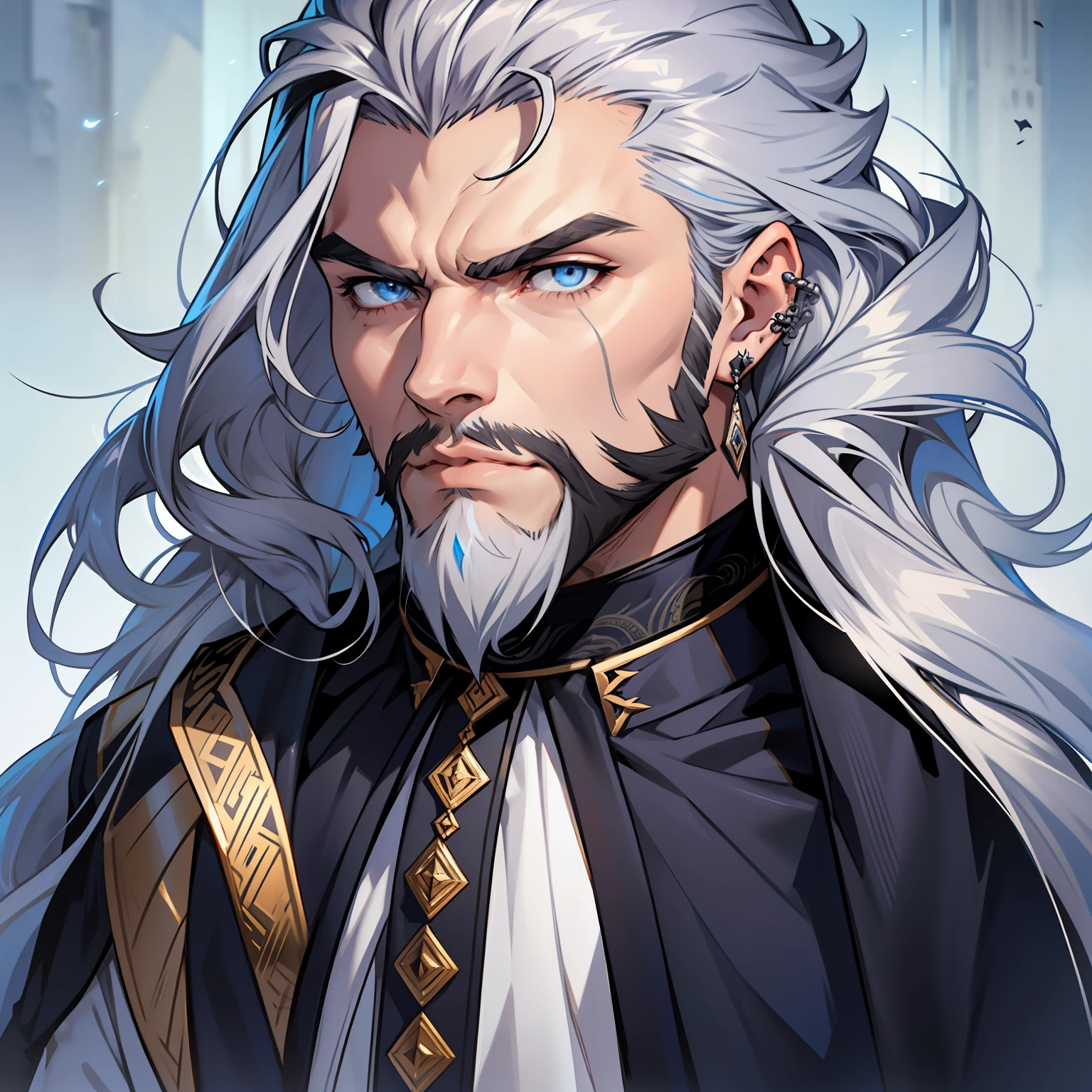 Atlan is a tall handsome male. Standing at 7 ft 5. He is athletic built with beautifully long silky silver hair and blue eyes. He is always seen with a stern look on his face. He is clothed with the finest royal attire in silver and black. His beard matches his hair. Muscular man, bulge in pants, arrogant expression, piercings