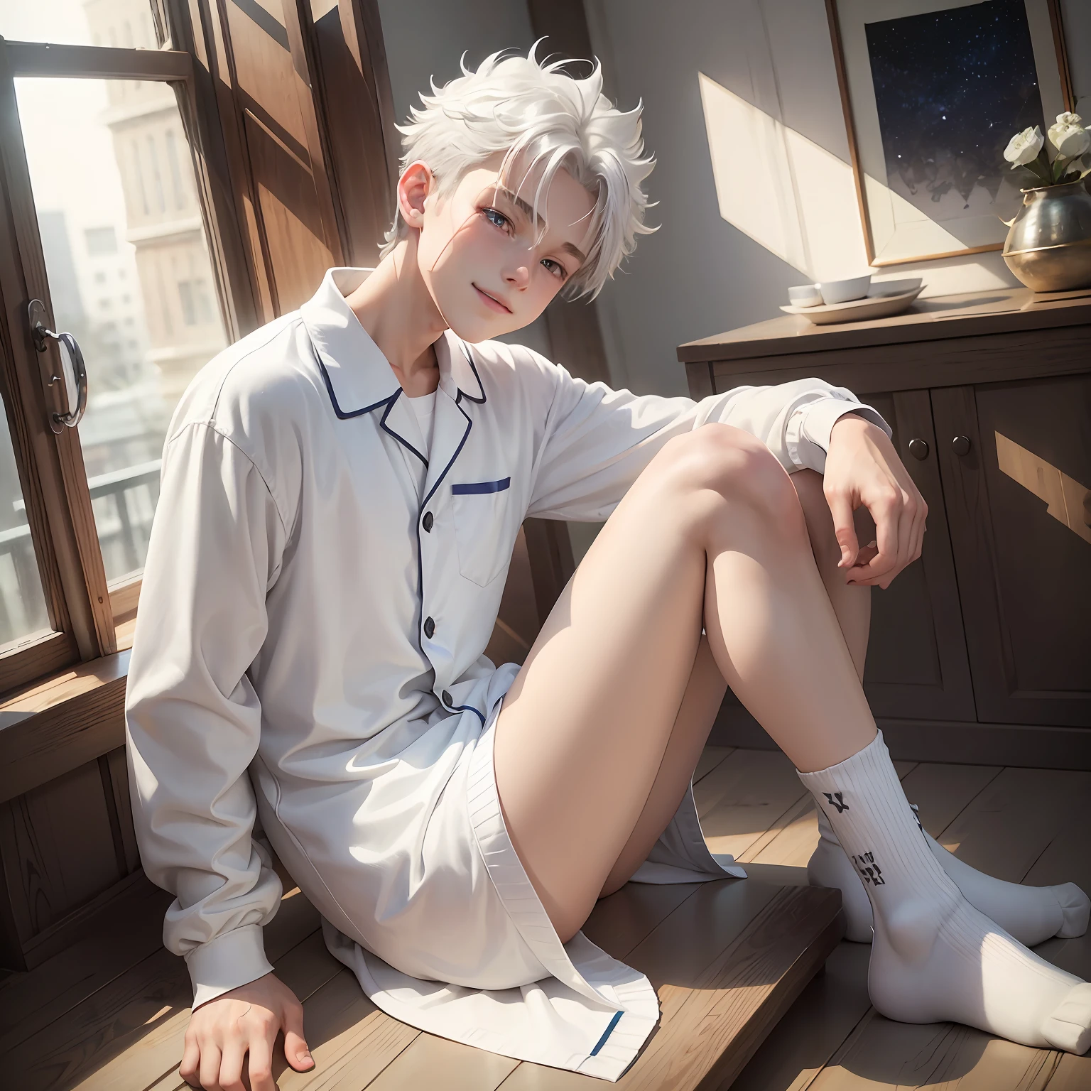White-haired Shota, starry sky , 15 yo, blue eye, spiky hair, 1 boy, 15 yo, solo, looking at viewer, (masterpiece:1.4), (best quality:1.4), indoors, sitting, short hair, (wavy hair:0.9), (happy face), sunlight, shiny skin, white and grey hair, spiky hairstyle, wearing pajamas satin, material is shiny, open legs, white socks, upper body,bulge,