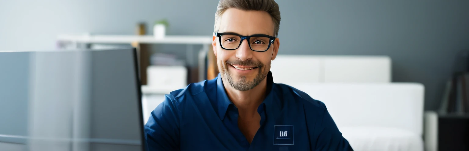 homem sorridente de camisa azul sentado em uma mesa com um computador, man with glasses, Homem na casa dos 40 anos, Macho sorridente, homem de meia-idade, retrato profissional close-up, homem sorridente, wearing small round glasses, wearing thin large round glasses, Close Up foto retrato, retrato 4k de alta qualidade, foto retrato profissional, with glasses and goatee