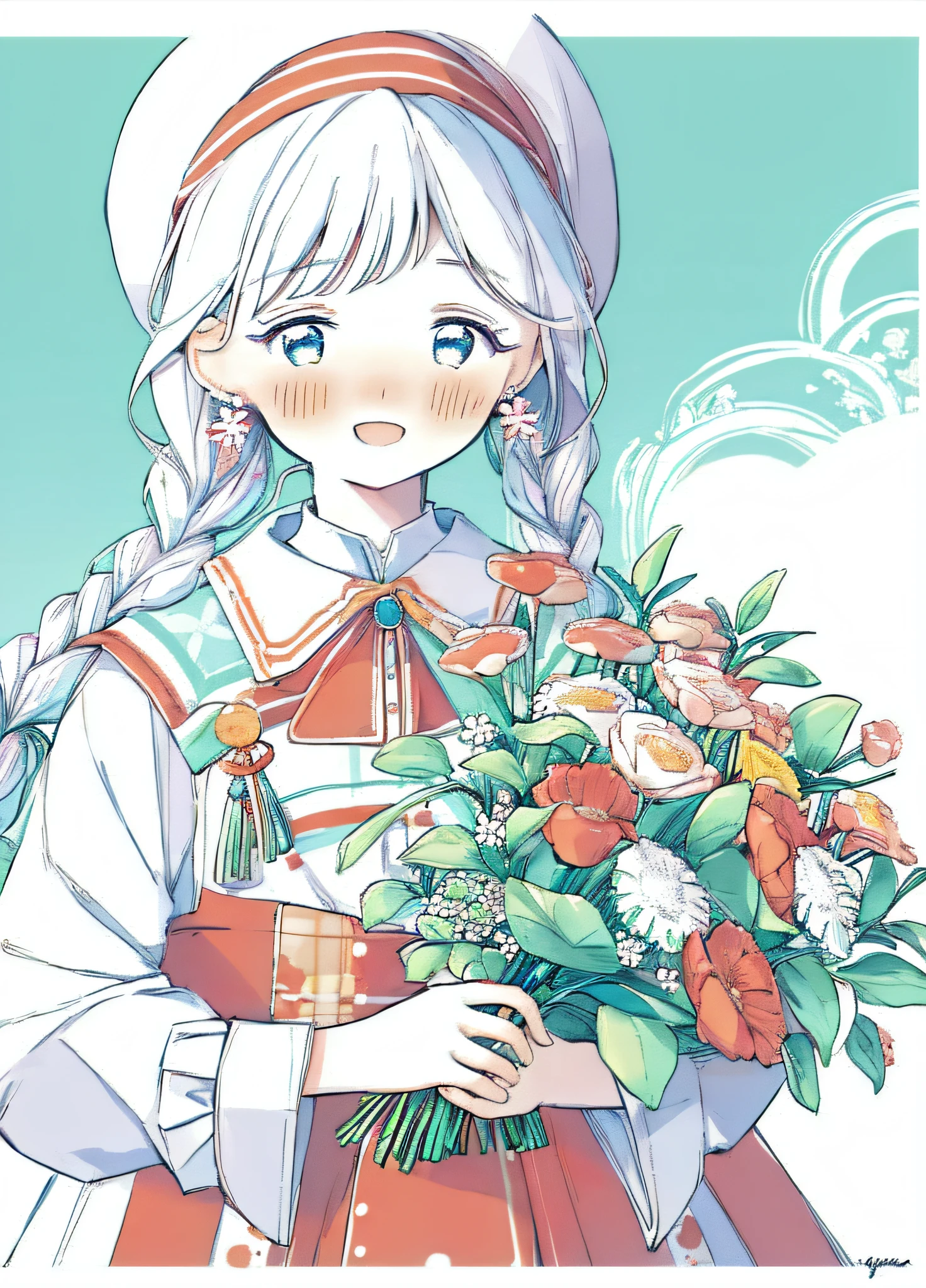 shouhui, 1girl, :d, bangs, blush, braid, floral print, flower, hair flower, hair ornament, long sleeves, looking at viewer, open mouth, simple background, smile, solo, twin braids, upper body, white background, white flower, long hair, blue eyes, skirt, shirt, hat, holding, twintails, jewelry, white shirt, white hair, cowboy shot, earrings, puffy sleeves, collared shirt, artist name, signature, necklace, aqua eyes, leaf, blush stickers, own hands together, plant, red headwear, puffy long sleeves, no nose, limited palette, color guide