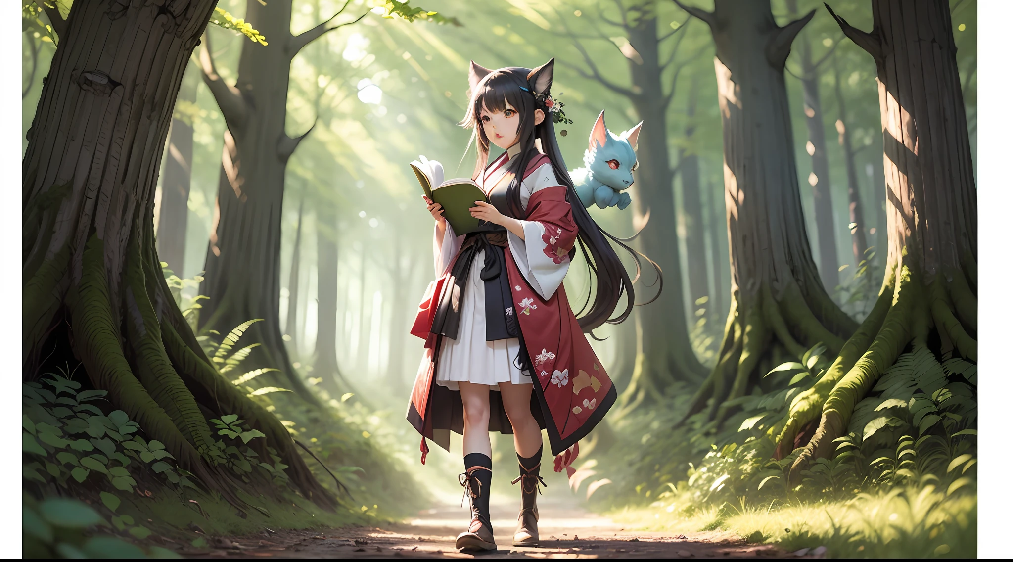 an anime girl with legendary japanese creatures around her, forest, book cover --auto --s2