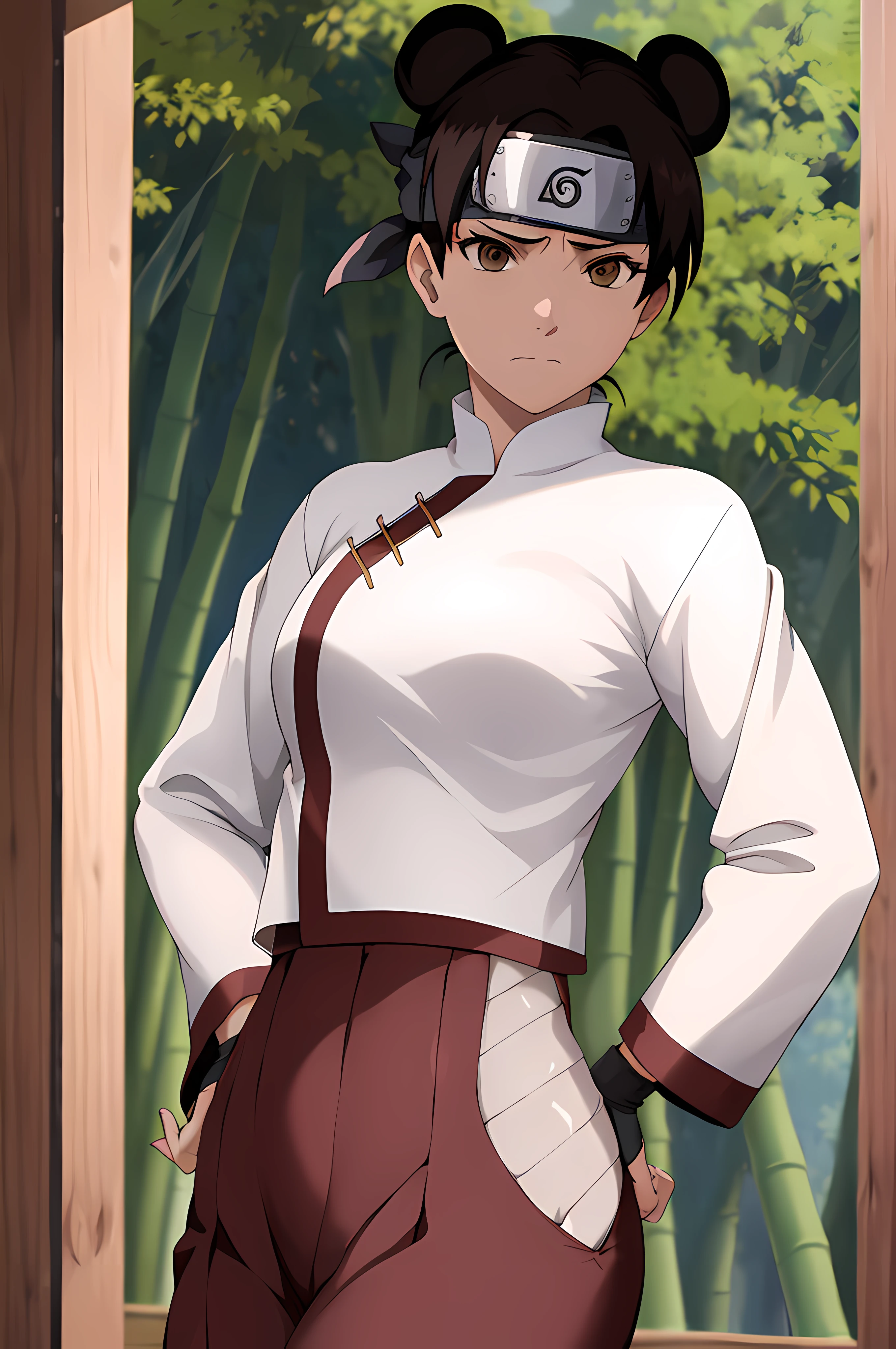 masterpiece, absurdres , (intricate details), (colorful),cinematic lighting,bust shot,extremely detailed CG unity 8k wallpaper,tenten\(shippuden\), 1girl, solo, hakama pants,white shirt, medium breasts, hand on hip,forehead protector, konohagakure symbol, headband,  looking at viewer, outdoors, bamboo forest,  frown, (((tight fitting clothes))), midriff, skinny,