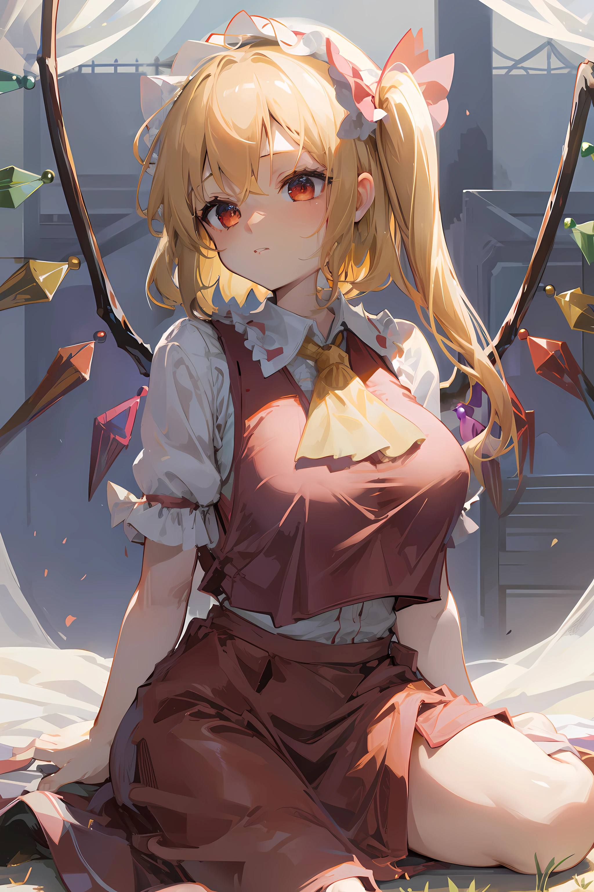 (masterpiece),best quality, expressive eyes, perfect face, 1girl,
big breast, H-cup, good breast, beautiful, gorgeous,anime,girl,lora, floating clothes, tent chest ,
nipple visible though clothes,flandre scarlet,
1girl,blonde hair,mob cap,hair bow,bowtie,side ponytail,wings,short sleeves,vest,ascot,1wings,1 pair of wings,W sitting, w sitting on ground, legs on ground, grabbing on boob,hand on chest,sbg,
Chest grab,
Chest lift,