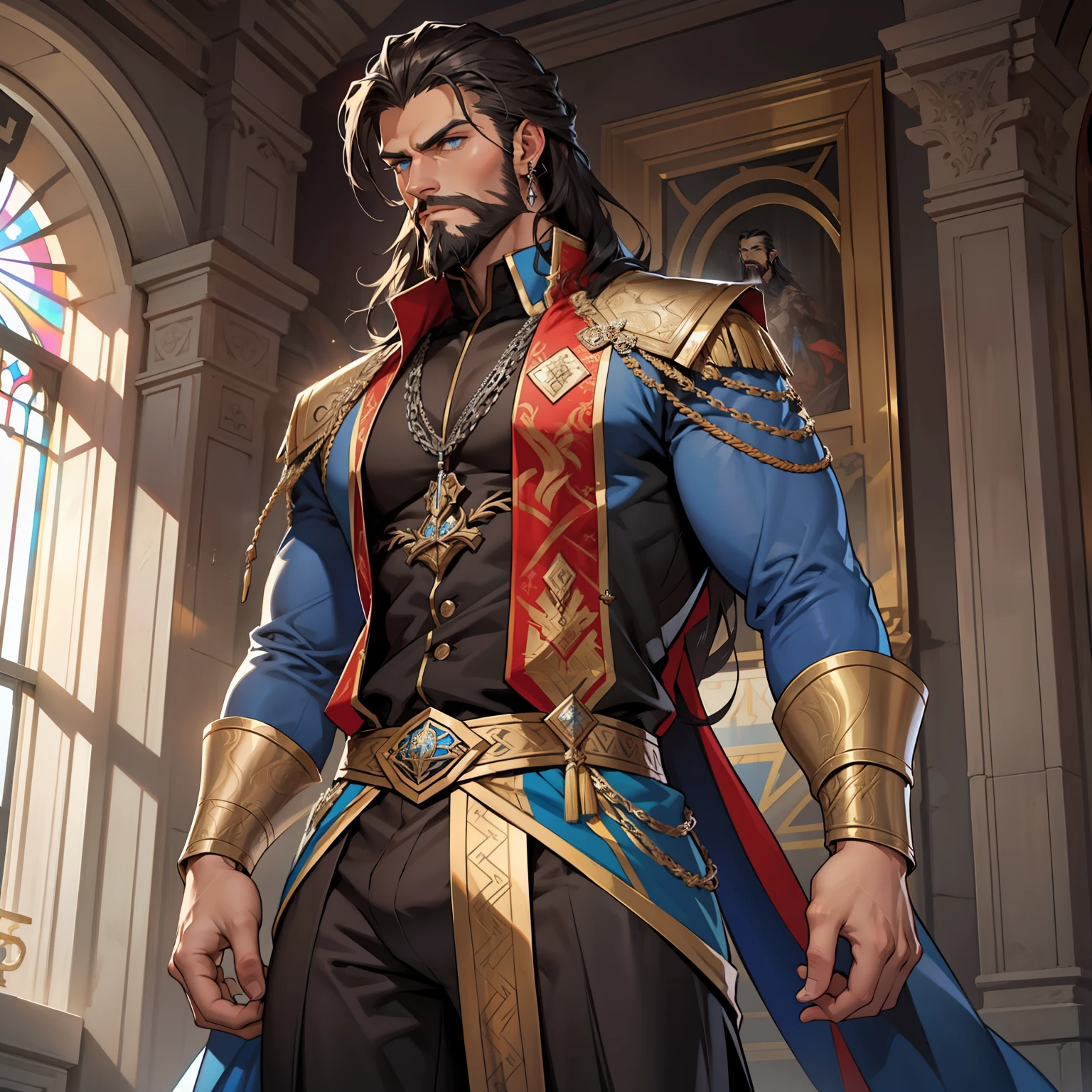 Atlan is a tall handsome male. Standing at 7 ft 5. He is athletic built with beautifully long silky brown hair and blue eyes. He is always seen with a stern look on his face. He is clothed with the finest royal attire in silver and black. His beard matches his hair. Muscular man, bulge in pants, arrogant expression, piercings