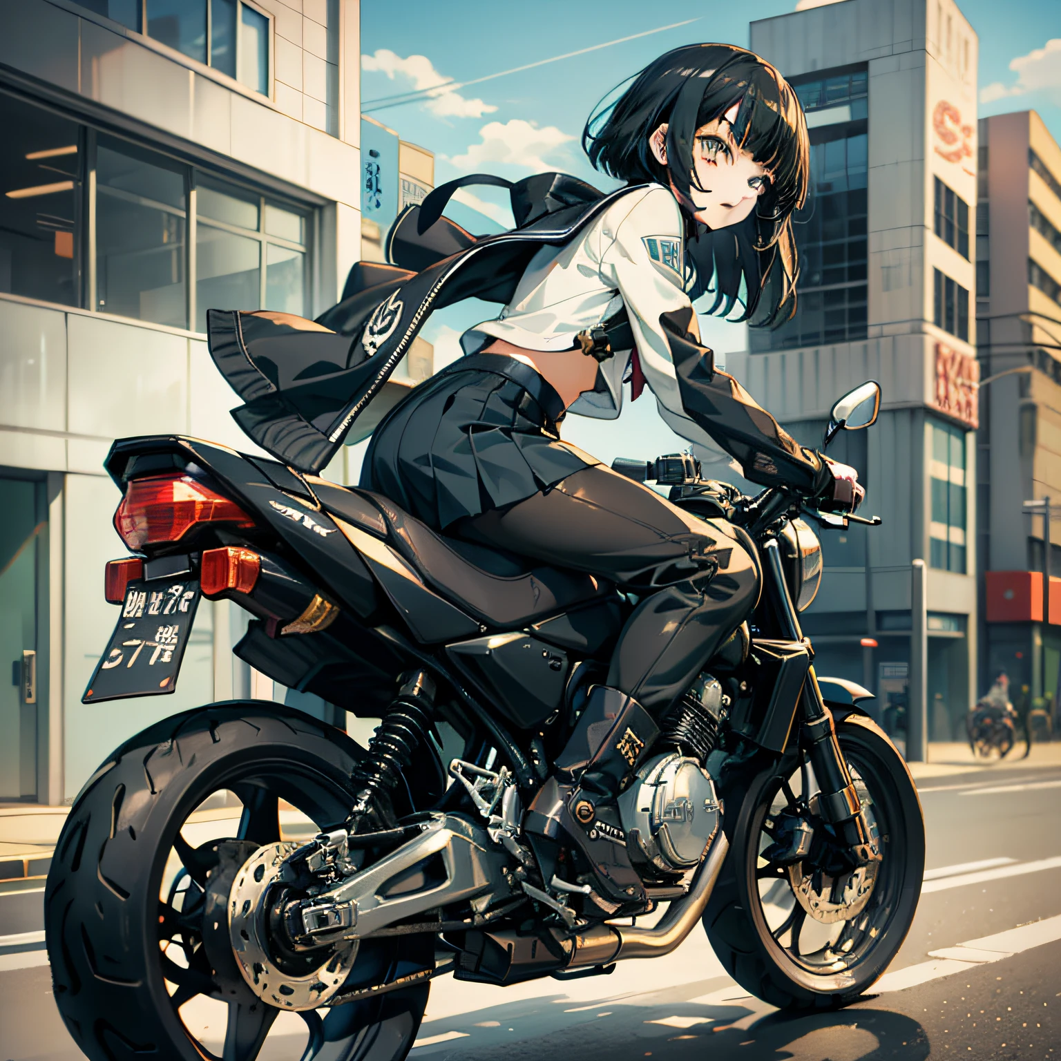 Girl anime character in high school uniform with black hair, bangs covering eyebrows, long hair, short hair, expressionless, collapse 3rd style, chic, kuldere, japanese animation studio style, masterpiece, girl riding a motorcycle, moe art style