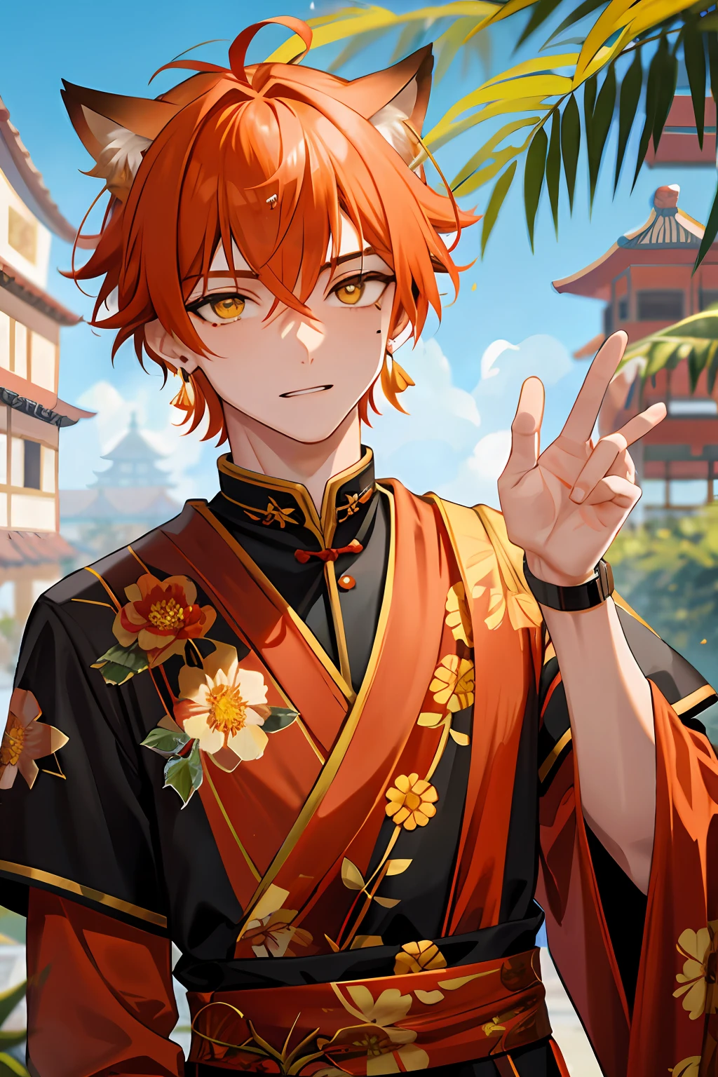 male people,Teenage uncensored,Hair is orange-red,The hair fades to gray,fox ear,Republic of China costumes,Yellow floral earrings,Two moles under the right eye,A mole under the left eye