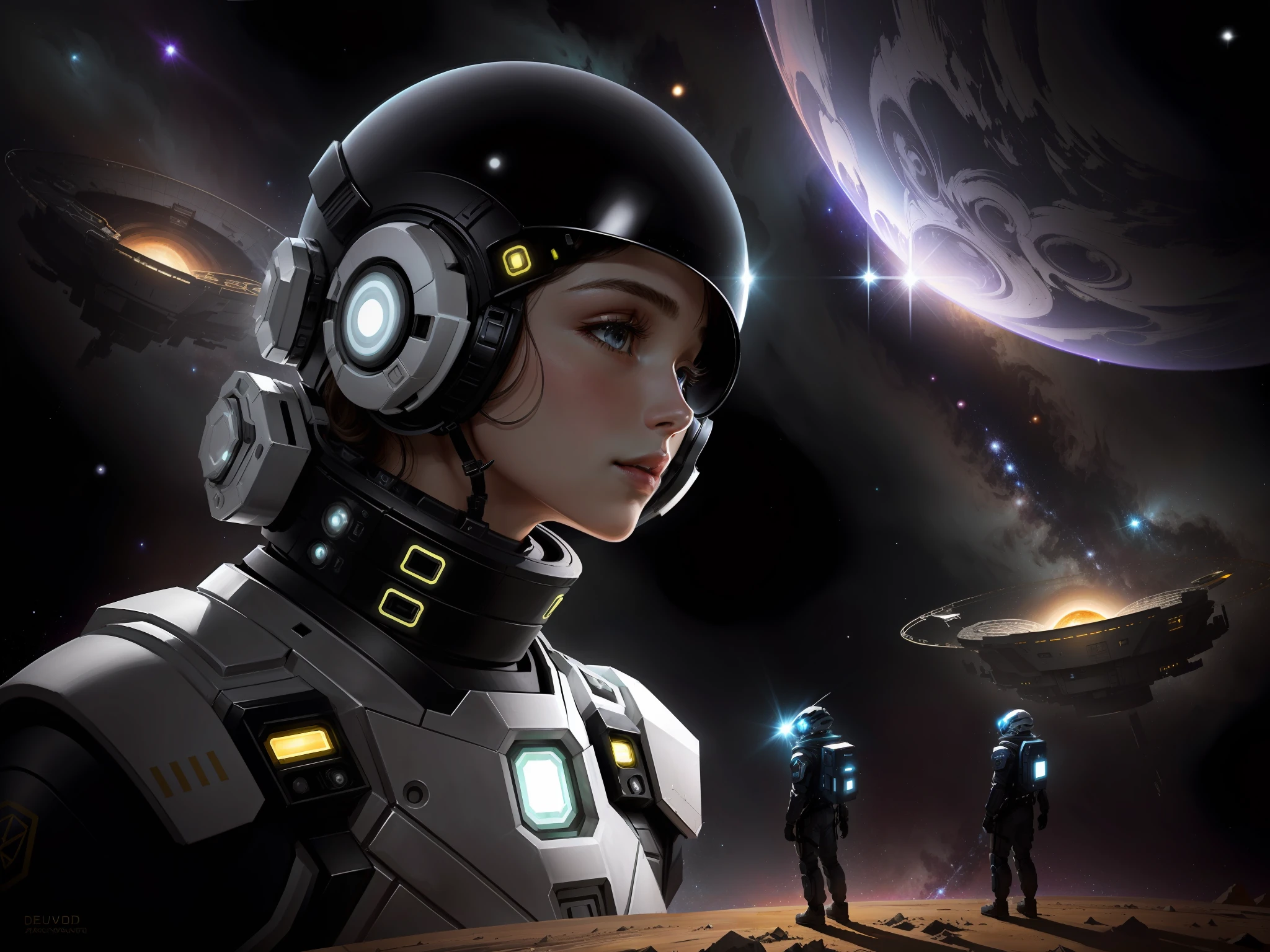 android, voador, Exploring Deep Space, Data collection for the mothership, Mothership in the background, android in the foreground, detalhes intrincados, highes definition, arte de Clemilton Barbosa