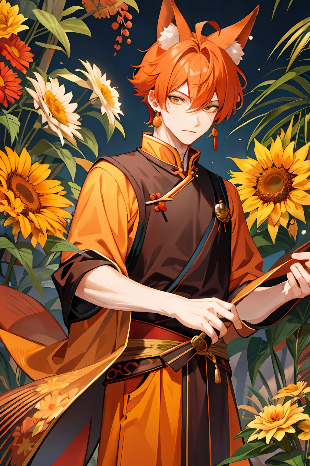 male people，age uncensored，Hair is orange-red，The hair fades to gray，fox ear，Republic of China costumes，Yellow floral earrings，Two moles under the right eye，A mole under the left eye