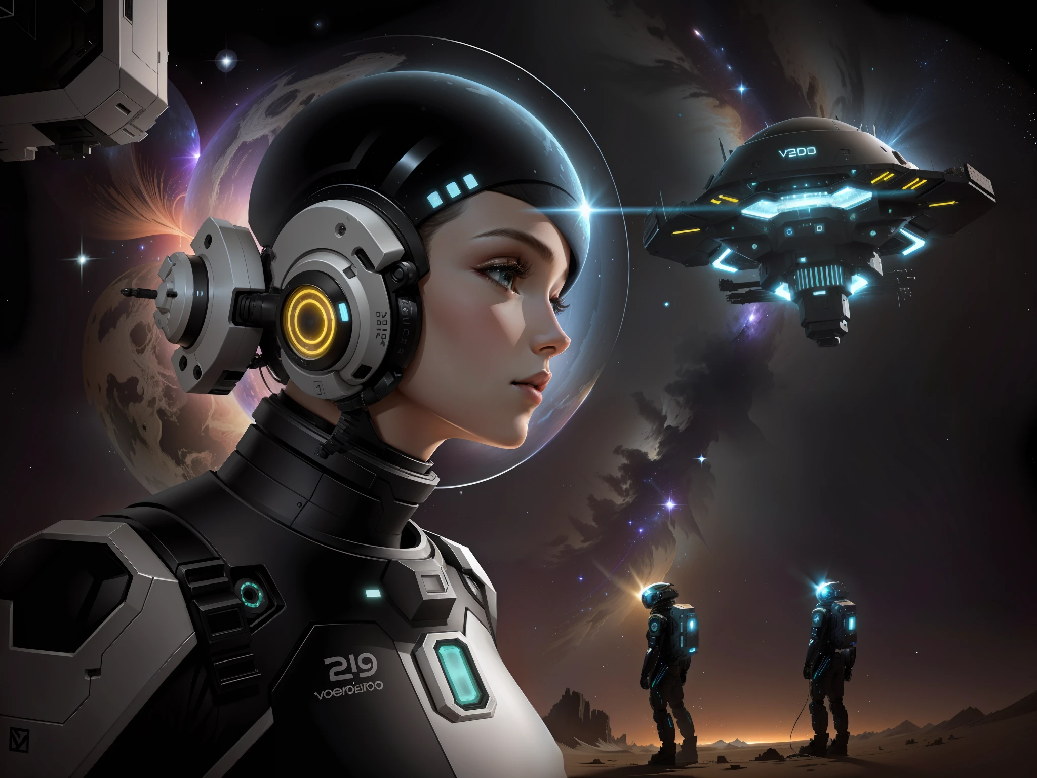 android, voador, Exploring Deep Space, Data collection for the mothership, Mothership in the background, android in the foreground, detalhes intrincados, highes definition, arte de Clemilton Barbosa