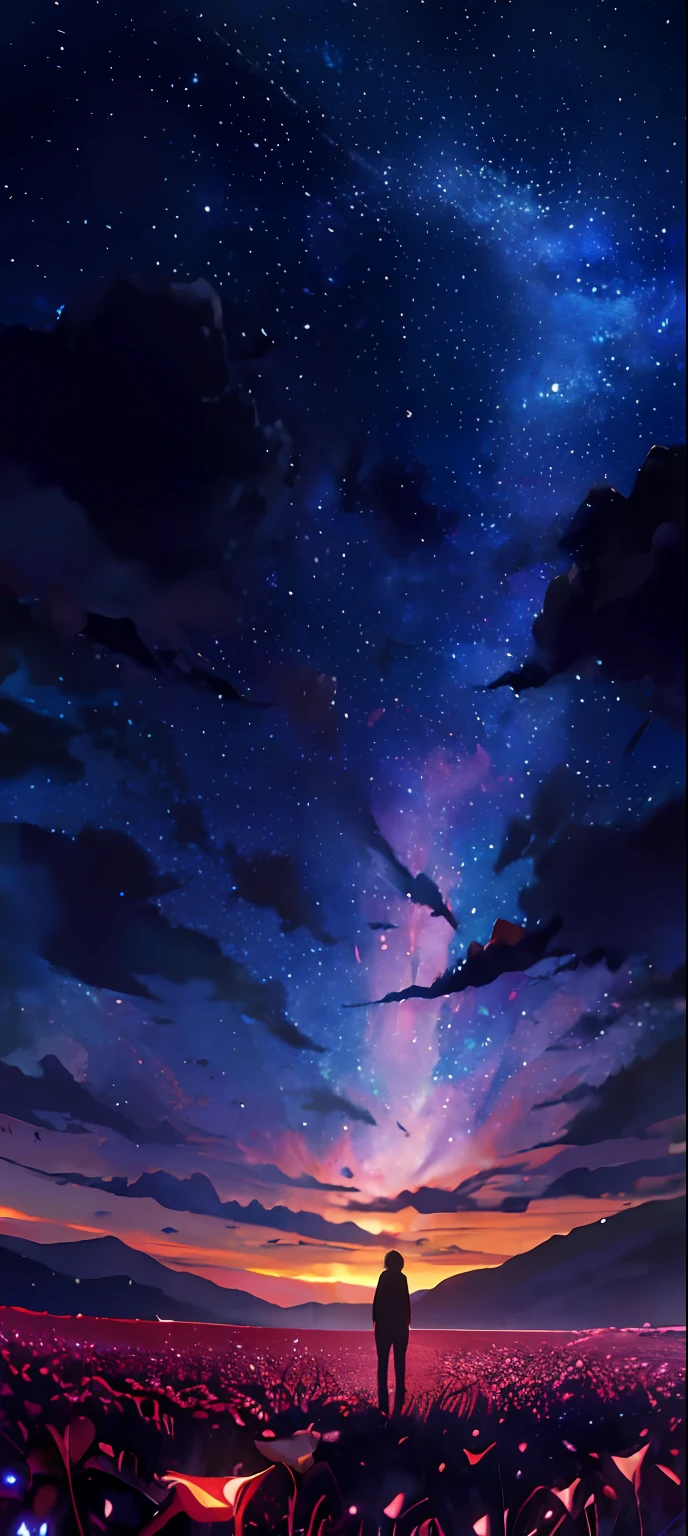 Landscape photo of the vast Japan cherry blossoms、（View from below with a view of the sky and the wilderness below）、Girl standing in a flower field and looking up、（fullmoon：1.2）、（shooting stars：0.9）、（nebulas：1.3）、mountain in the distance、Tree Break Production Art、(Warm color light source:1.2)、(fireflys:1.2)、abajour、Purple and orange、intricate detailes、Volume Lighting BREAK (​masterpiece:1.2)、(top-quality)、4K、ultra-detailliert、（The composition of the movement：1.4）、Highly detailed and colorful details（Irridescent color：1.2）、（Glowing lighting、Atmospheric illumination）、dream-like、Magical、（独奏：1.2）