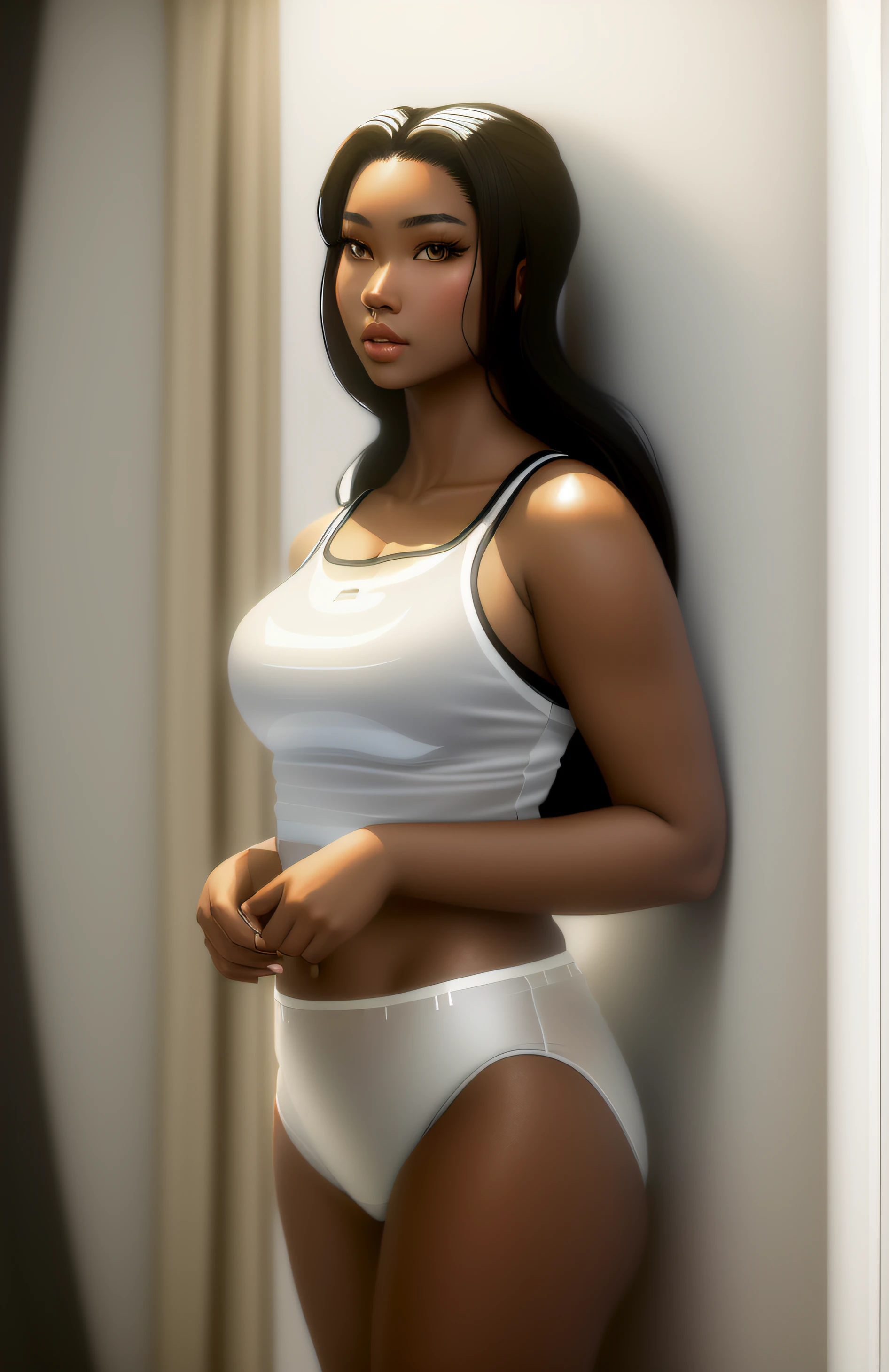 ((masterpiece, best quality)), Curvy Blasian woman with long black hair, (( in white tanktop and white high cut panties)), (brown eyes), standing in bedroom, looking off camera, realistic art style, intricate details