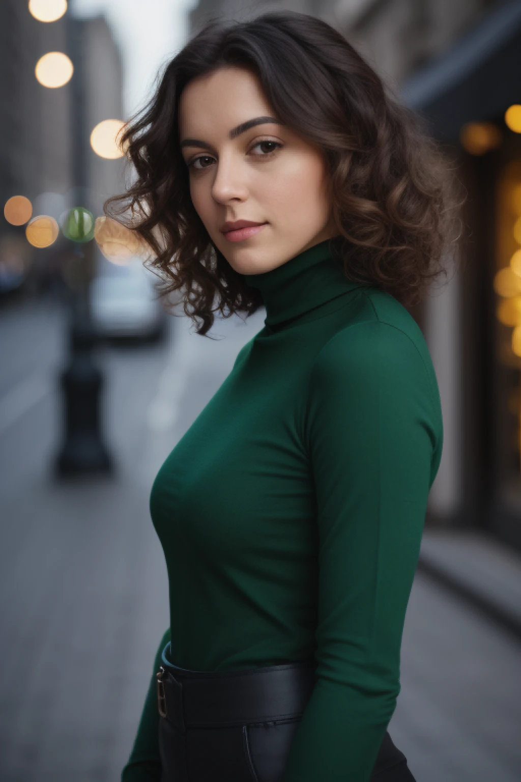 A beautiful portrait of a brune 31 yo woman, long and curly hair, green eyes, professional model pose, wearing a red tight turtleneck top, photorealistic, 4k, full body shot with Canon EOS 6D and a Canon 135mm f2 L lens at F2, very sharp, bokeh lights, day, city, full body portrait, profile