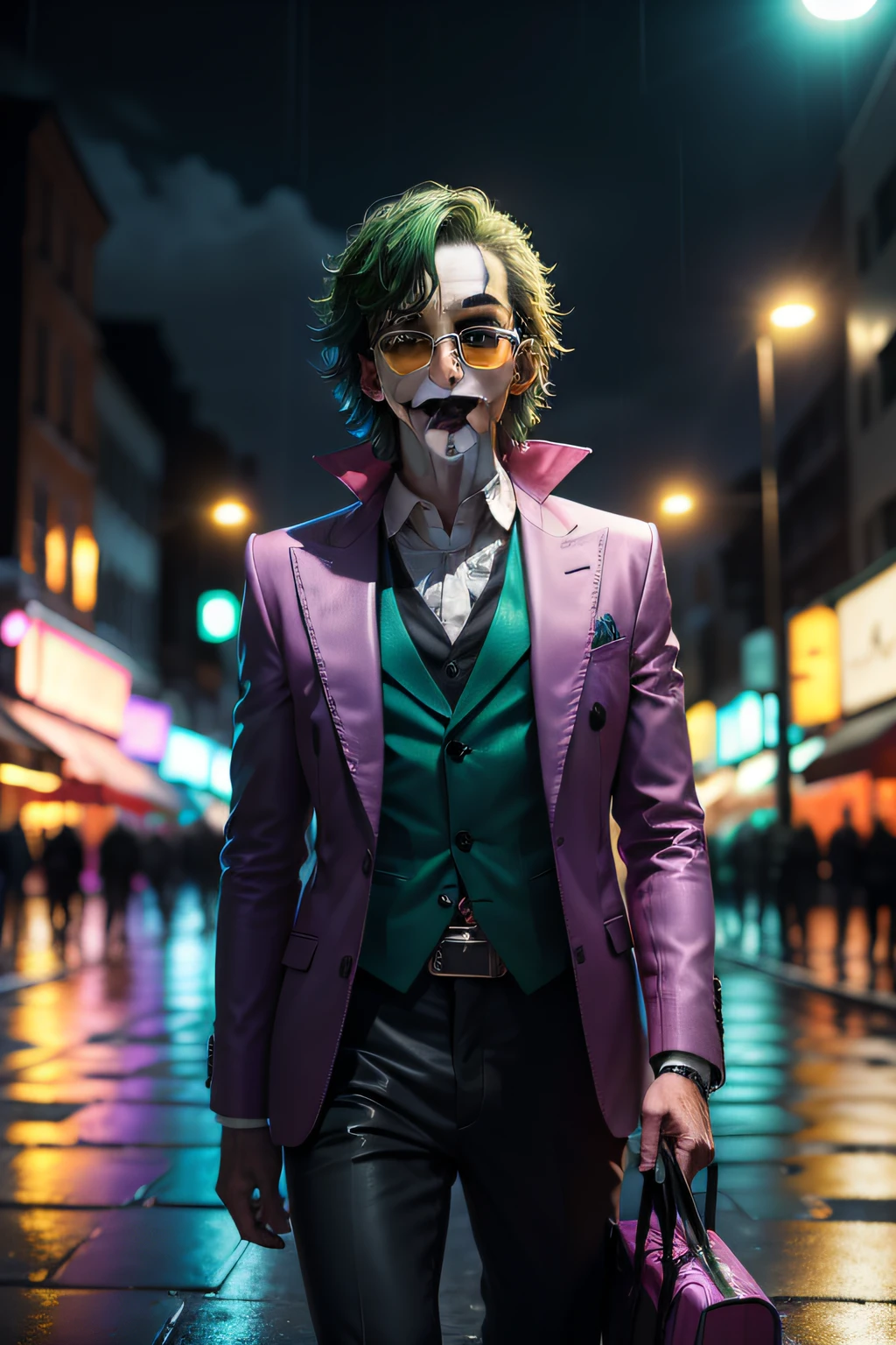 An award-winning masterpiece photo of a Joker man with psychedelic colors standing on a city street at night in the rain, wearing neon-colored bright glasses, 8k, (alta qualidade: 1.1), (cinematic feel: 1.1), sombras escuras e profundas , detalhamento incrivelmente intrincado, arte , (de perto: 1.1), de cima, olhando para o observador, (brilhantes de luz: 1.1), (chromatic aberration,: 1.2) fundo com artefatos de luz flutuantes